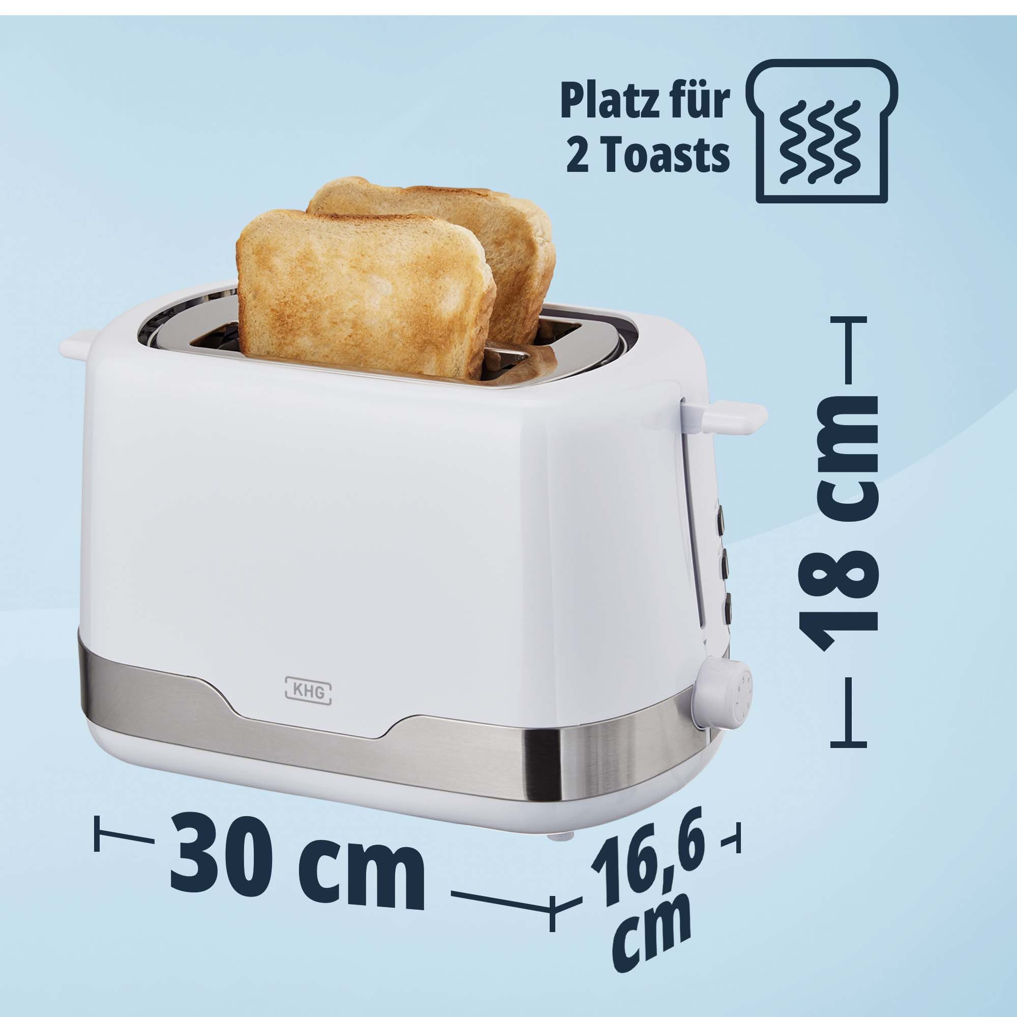 KHG Toaster Weiß, Auftau- und Aufwärmfunktion, 7 stufenlose Bräunungsstufen, 2 kurze Schlitze, für 2 Scheiben, 850 W, Edelstahl, Brötchenaufsatz, Krümelschublade