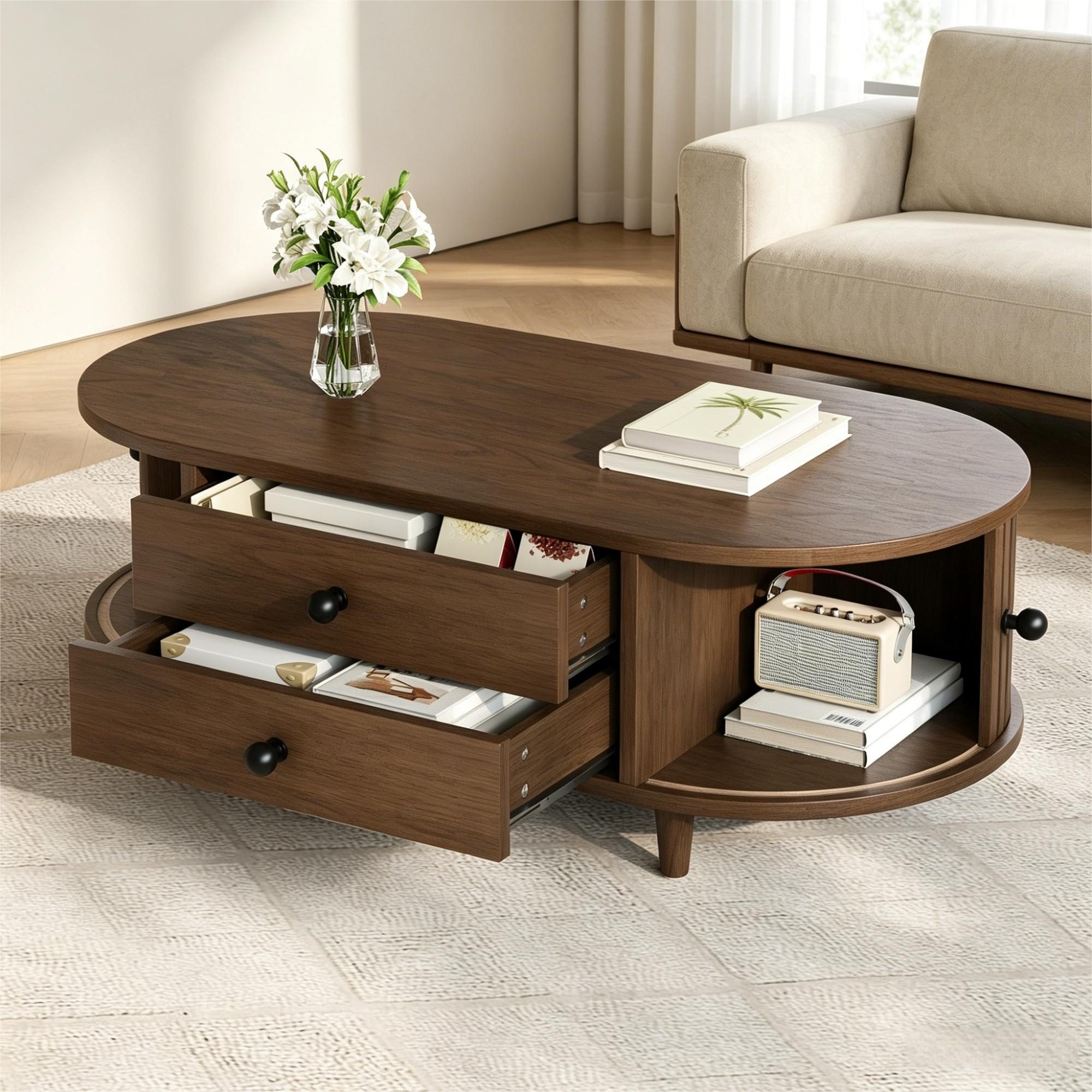 Merax Couchtisch Sofatisch oval Beistelltisch mit Massivholzbeinen (1-St), Wohnzimmertisch mit Rolltüren, 2 Schubladen & Stauraum, 100x50x36cm