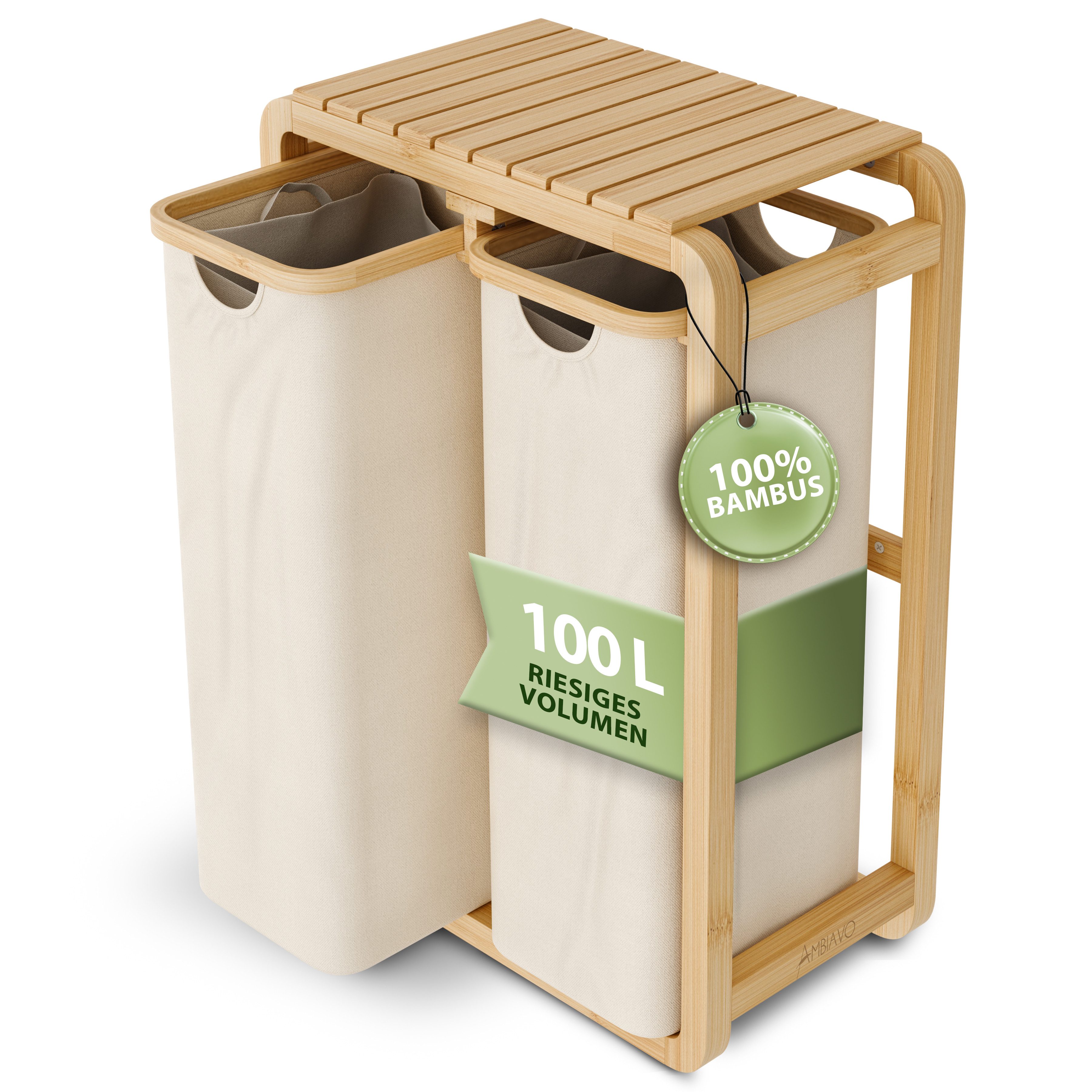 AMBIAVO Wäschekorb 2 Fächer mit waschbaren Baumwollsäcken, 100 L Volumen, stabiler 3x3 cm Bambusrahmen, innovatives Design