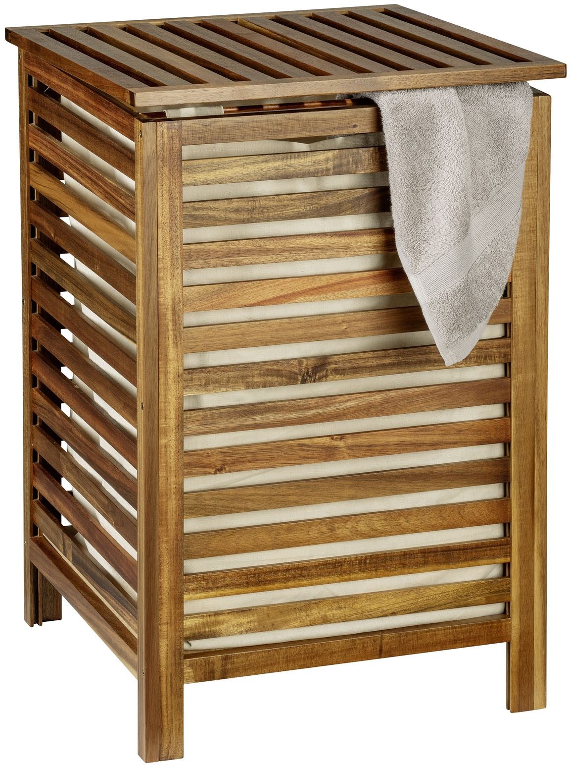 WENKO Wäschetruhe Fondi, Wäschetruhe mit herausnehmbarem Wäschesack, Akazienholz, 56 l