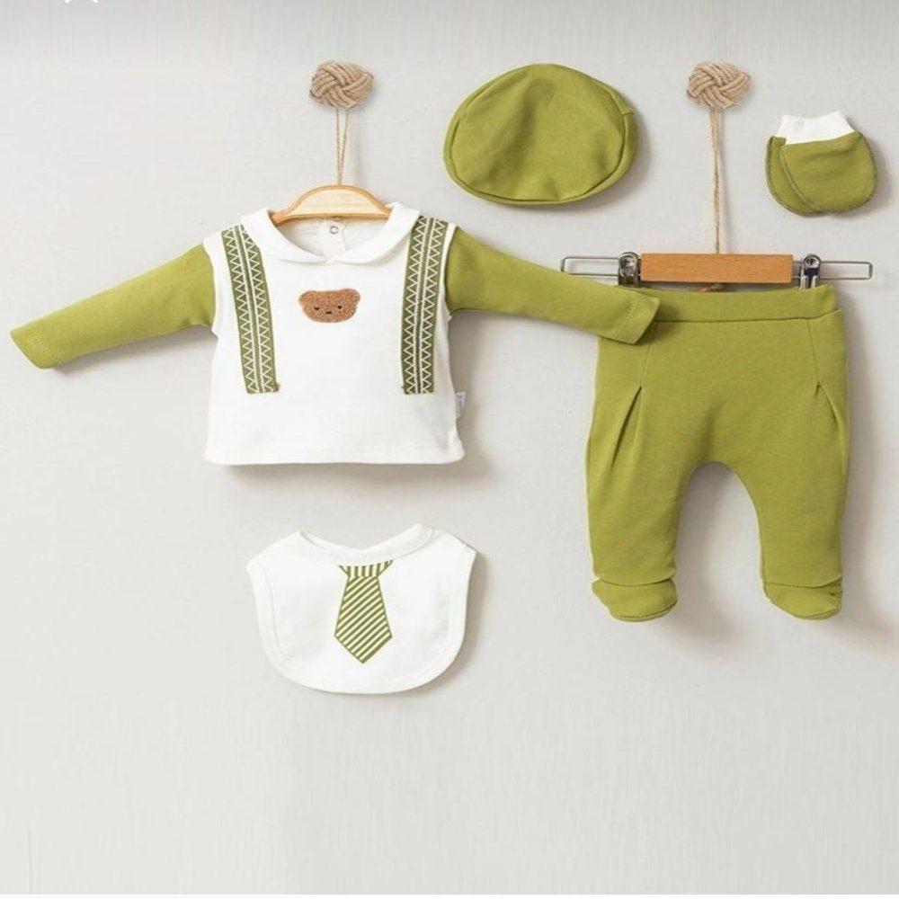 Engelbaby Erstausstattungspaket 5-teiliges Neugeborenen-Erstausstattungs Set 0-3 Monate (set komplett Outfit, 5-tlg., Langarmshirt Handschuhe Hose Lätzchen Mütze) 5-teilig Neugeborenen Erstausstattung-Set 0-3 Monate 100% Baumwolle Pistaziengrün