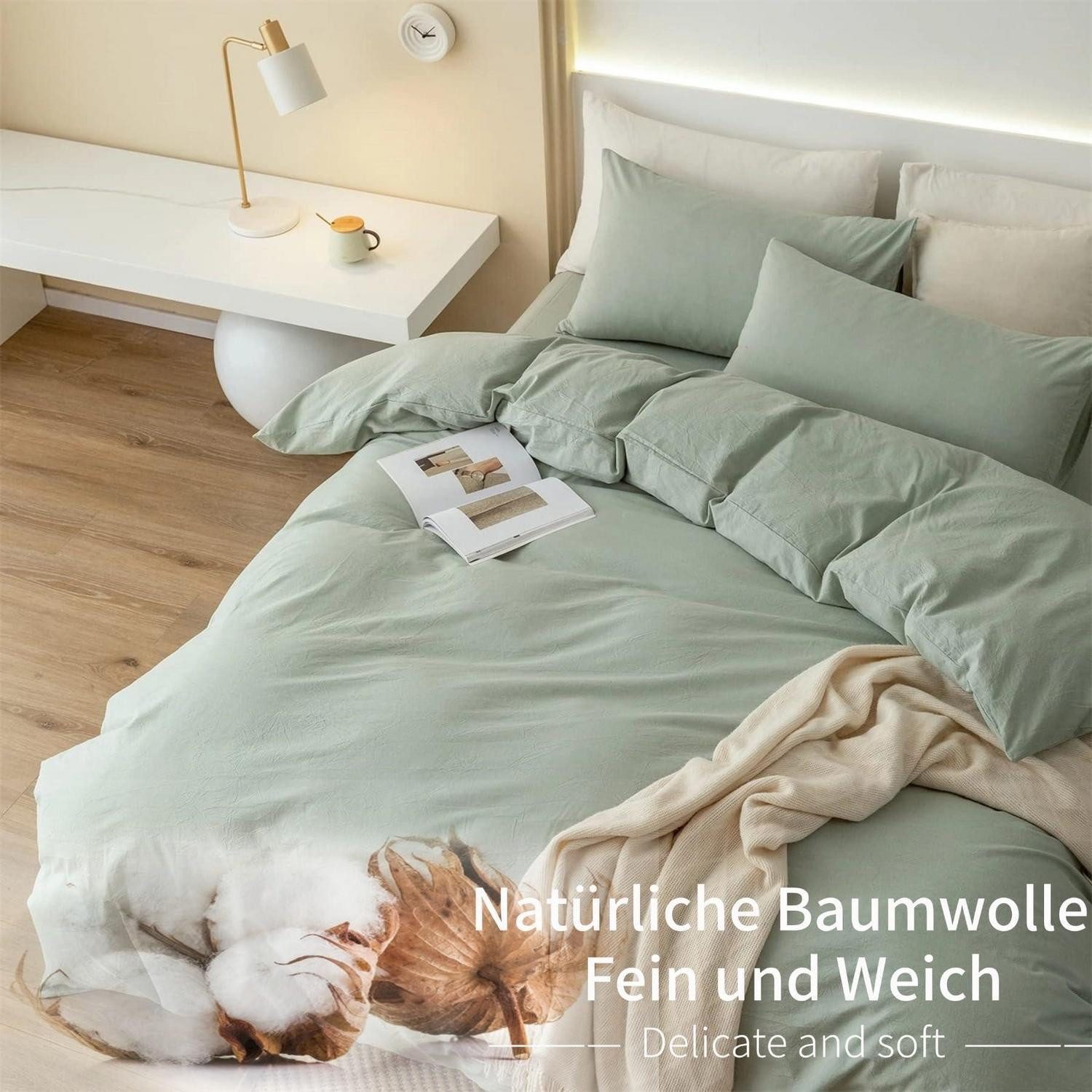 LuxusKollektion Bettwäsche Bettwäsche 135x200cm Baumwolle Grün Uni 2-teilig