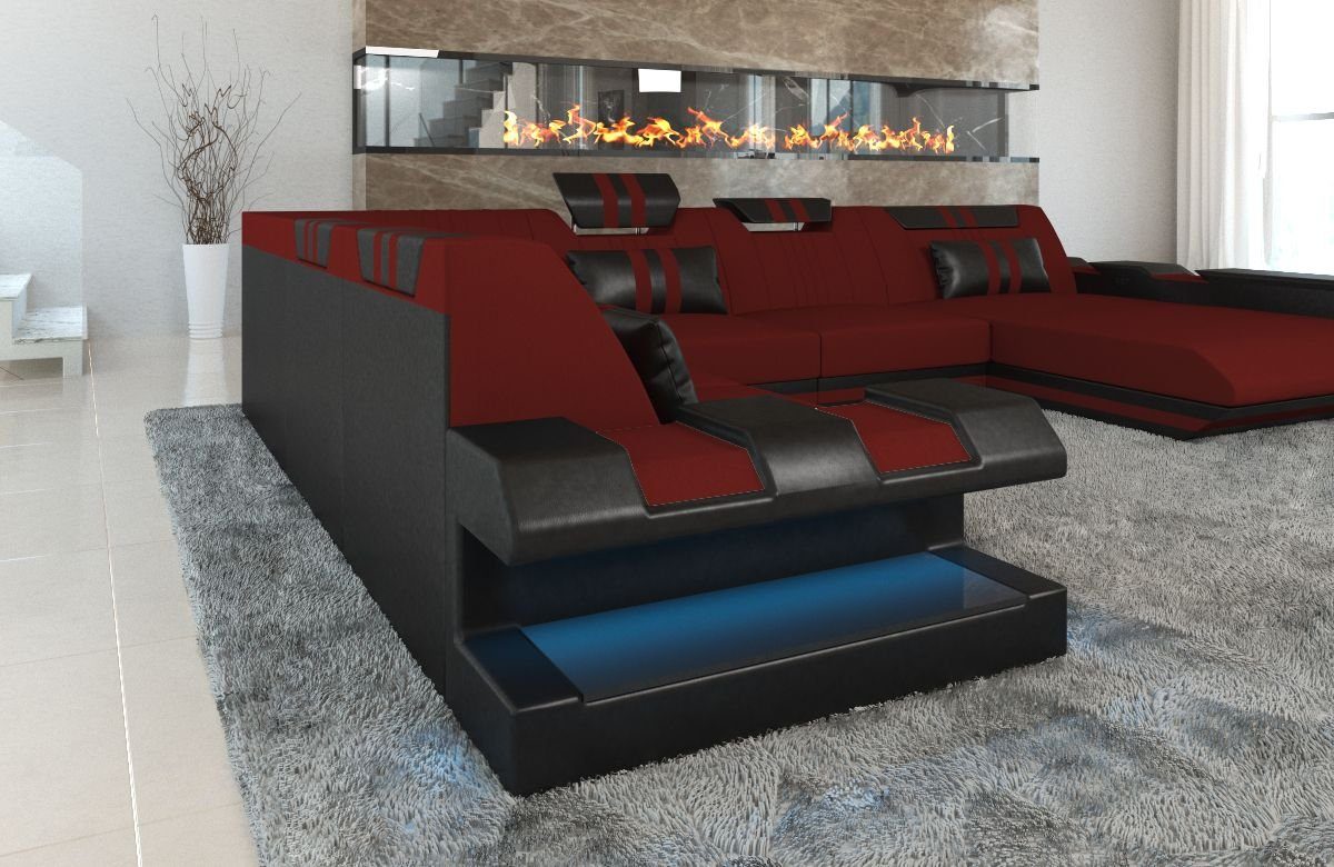 Polster Form mit Wohnlandschaft U Schlafsofa, Designersofa LED, XXL Sofa Stoff Stoffsofa, Dreams Apollonia als Dunkelrot-Schwarz Sofa C98 wahlweise Couch mit Bettfunktion