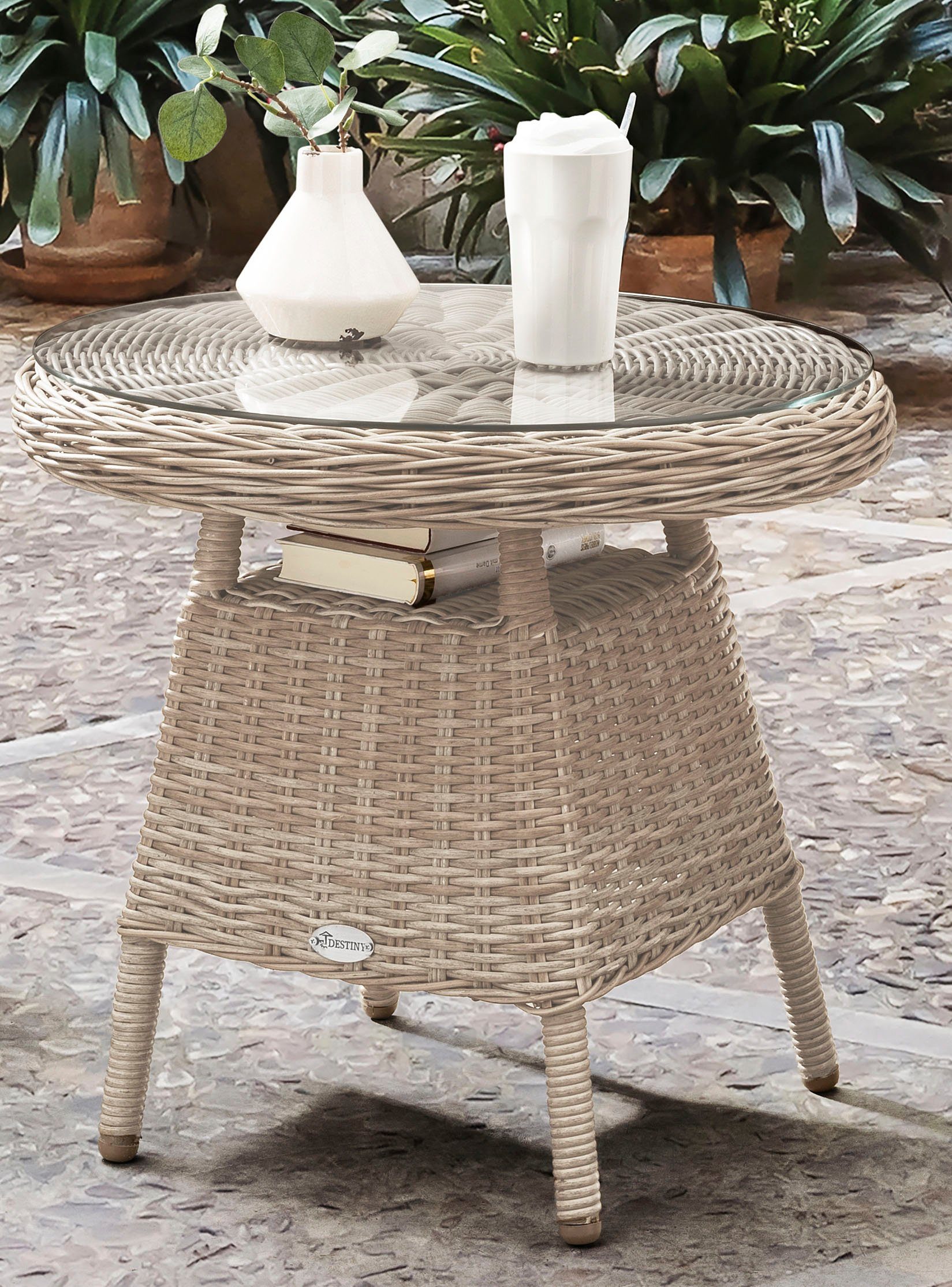 Destiny Balkonset MALAGA 2 Se + Kaffeetisch Ø 60x55cm, vintage weiß, (Set, 7-tlg., 2 Sessel inkl. Polster, 1 Tisch mit aufgelegter Glasplatte), Aluminium, Polyr – Bild 3 von 3