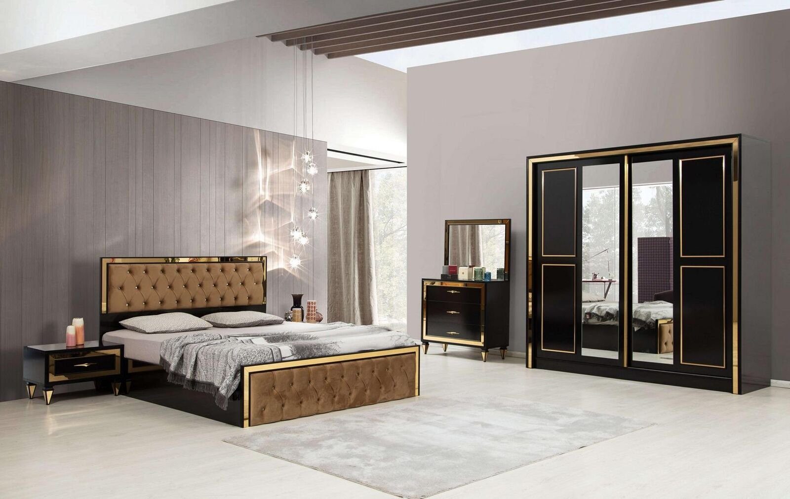 JVmoebel Schlafzimmer-Set Luxus Set Schlafzimmer Möbel Kleiderschrank Doppelbett 2x Nachttische, Made In Europe