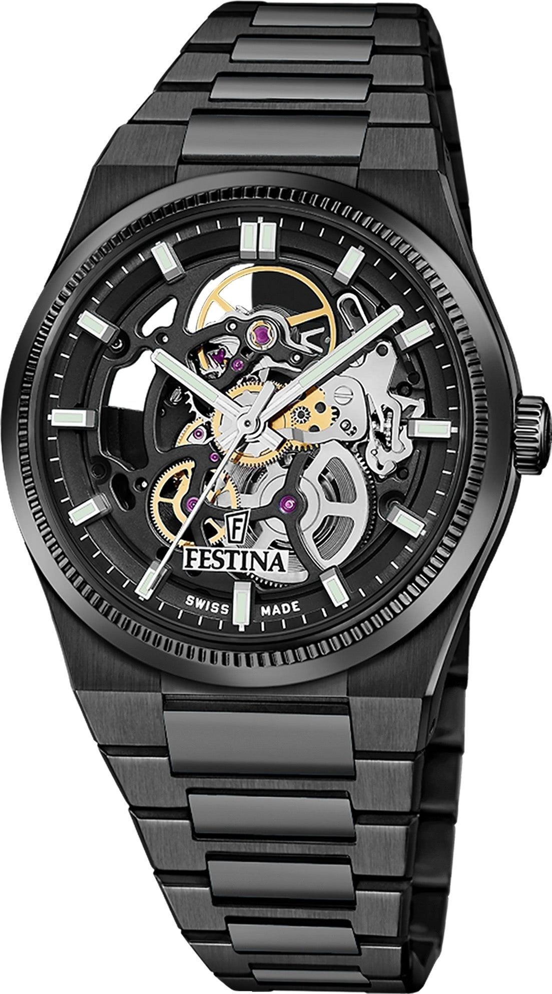 Festina Automatikuhr Festina Herrenuhr Swiss Made Armbanduhr, (Analoguhr), Herren Armbanduhr rund, Edelstahlarmband schwarz, Elegant