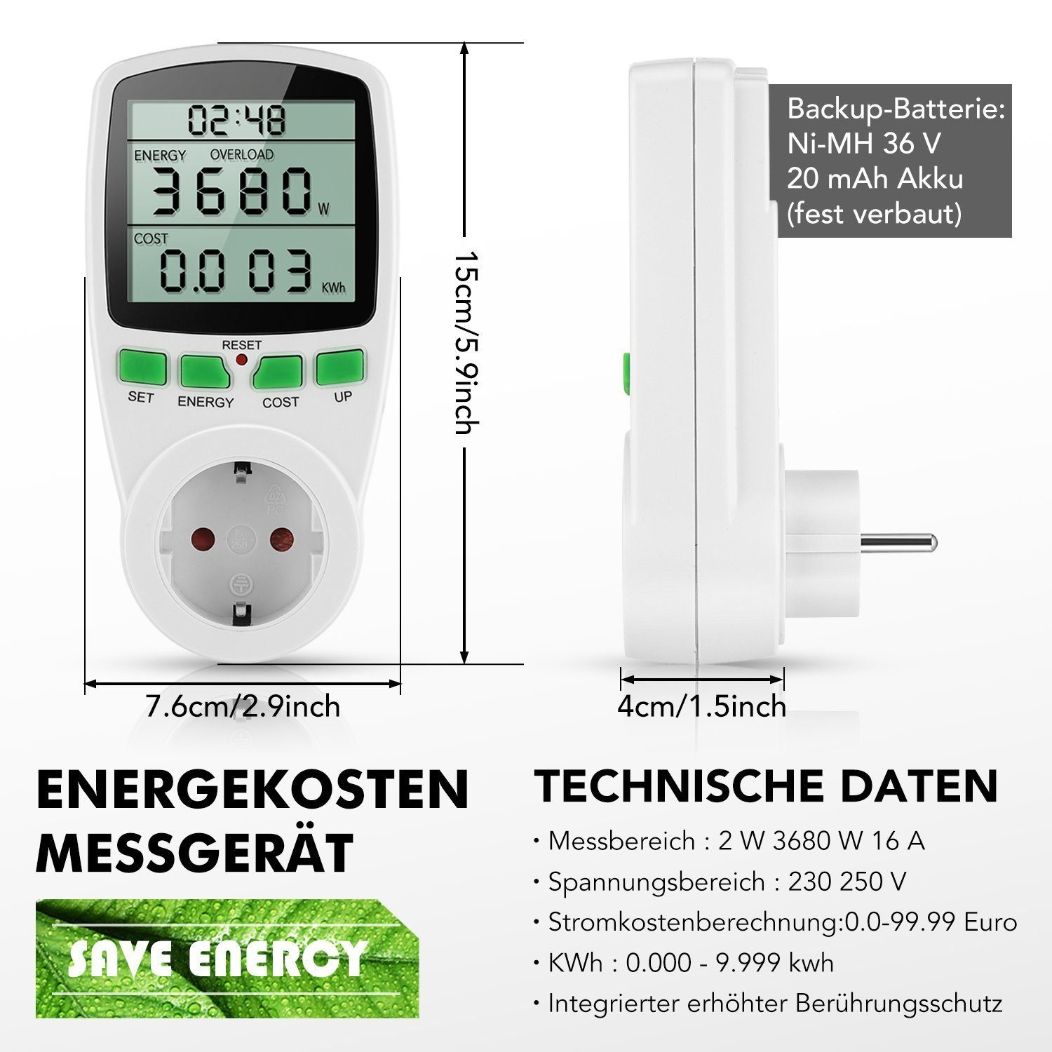 Verbrauchszähler 230V Energie Einzelpreis Stromzähler iscooter Energiekostenmessgerät