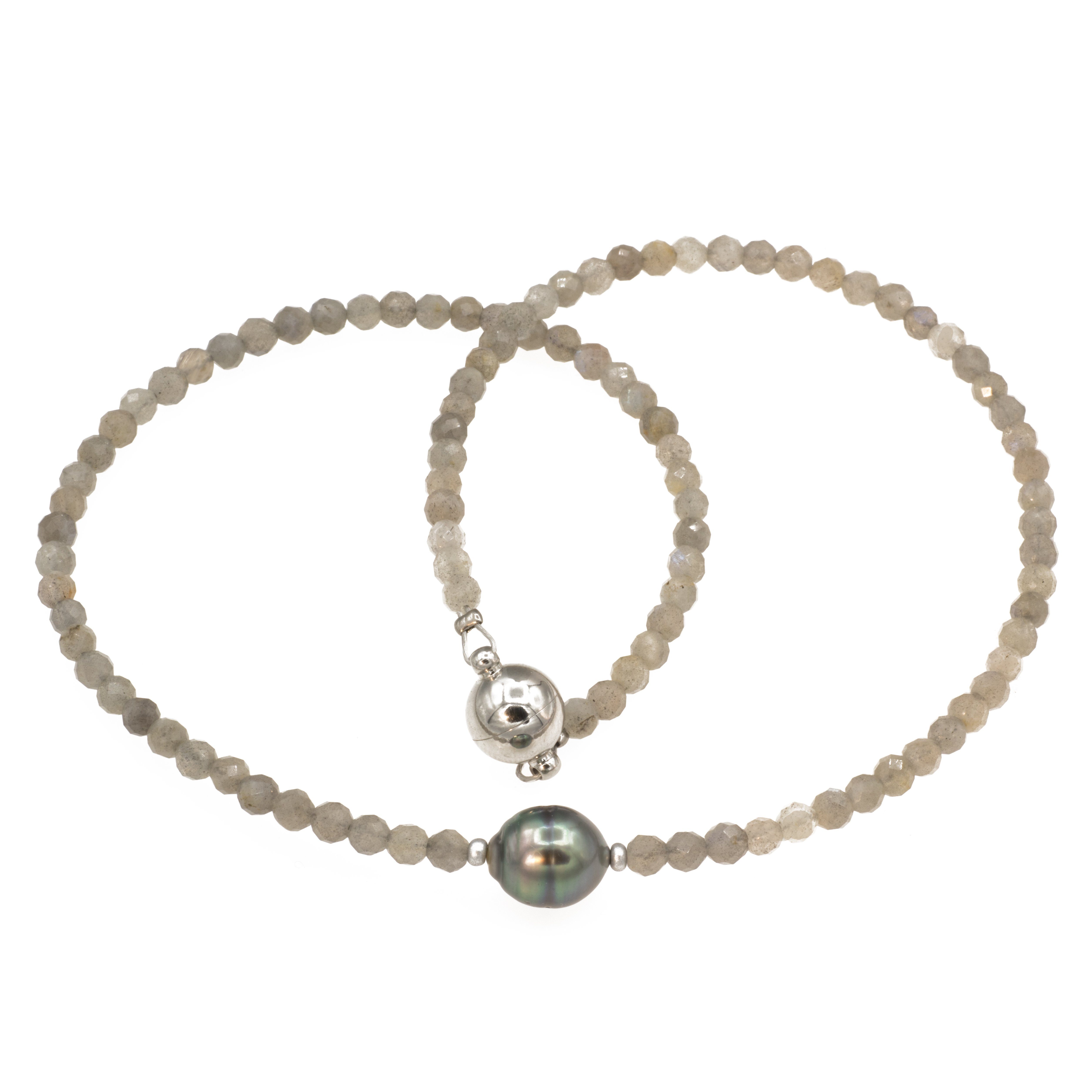 Bella Carina Perlenkette Kette mit einer echten Tahiti Perle und Labradorit, mit einer echten Tahiti Perle
