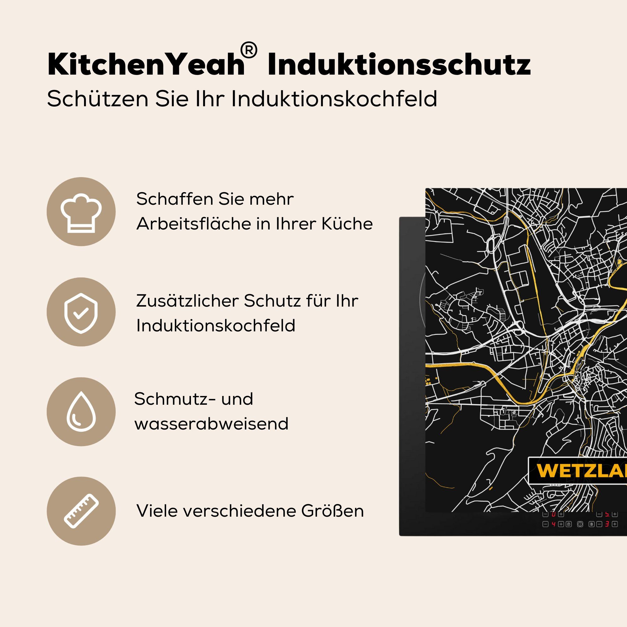 MuchoWow Herdblende-/Abdeckplatte Gold 78x78 Vinyl, cm, Stadtplan - Wetzlar, Karte küche - (1 Arbeitsplatte - - für Deutschland tlg), Ceranfeldabdeckung