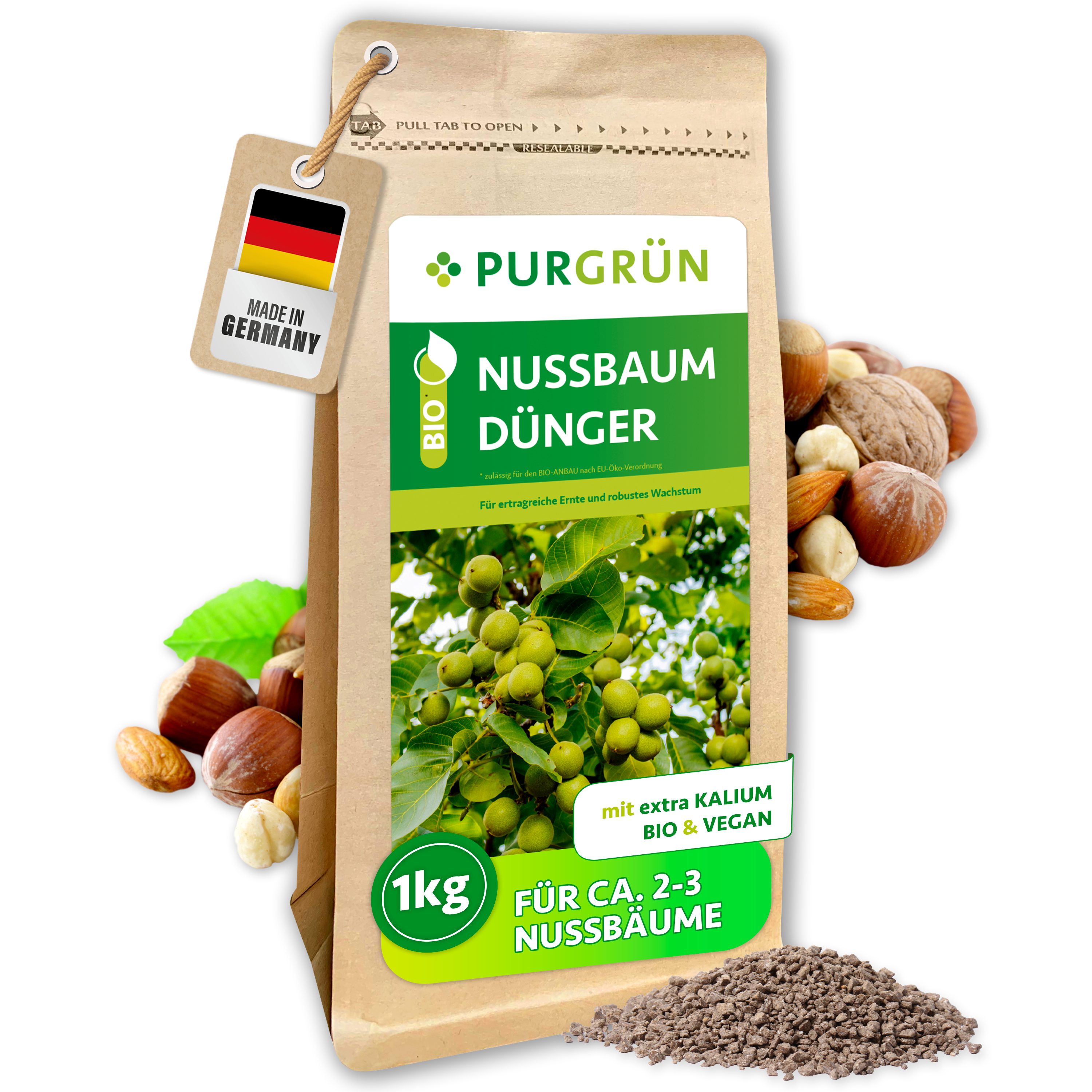 Purgrün Gartendünger Bio Nussbaum Dünger, NPK 6+2+7, Magnesium, 1 kg, Granulat, 1-St., 1 kg