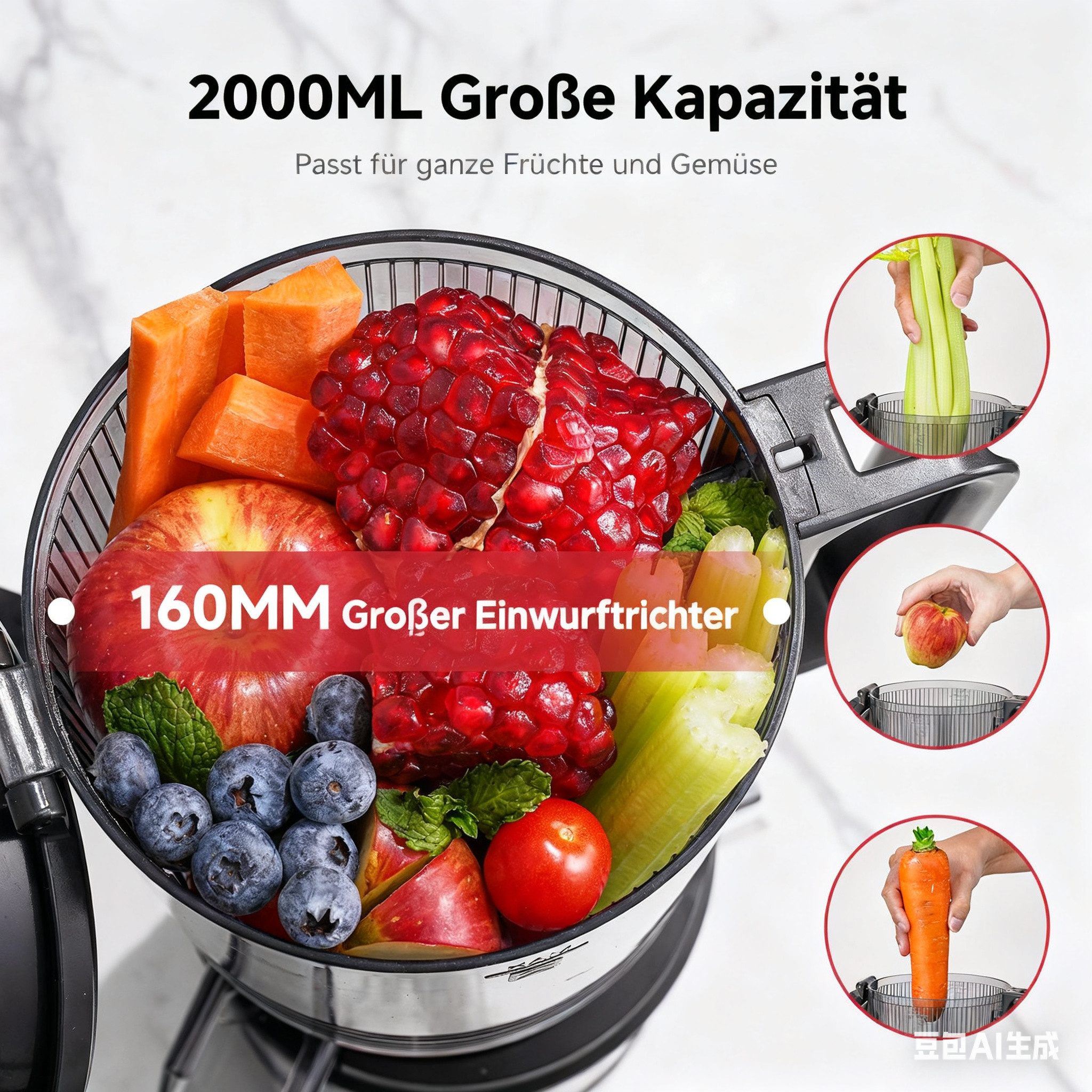AMZCHEF Zentrifugenentsafter JE-7OT8, 250 W, 150mm Extra-Breitem Einfüllschacht, 2L Entsafter für Gemüse und Obst