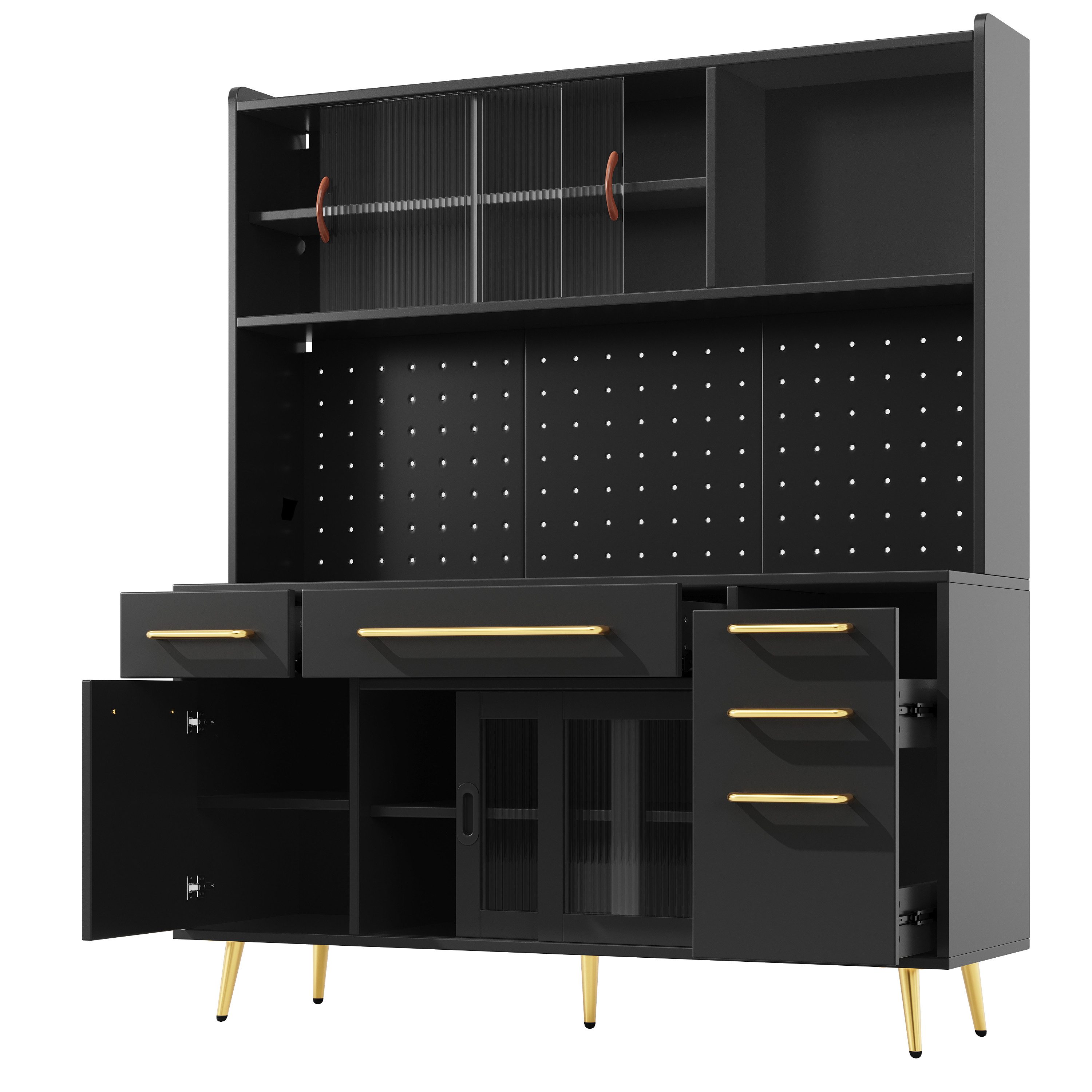 Odikalo Küchenbuffet Küchenschrank Buffetschrank mit LED & großer Stauraum (mit LED-Beleuchtung,Hochschrank für Küche & Wohnzimmer, Aufbewahrungsschrank mit Lochwand, Schublade & Glasböden)