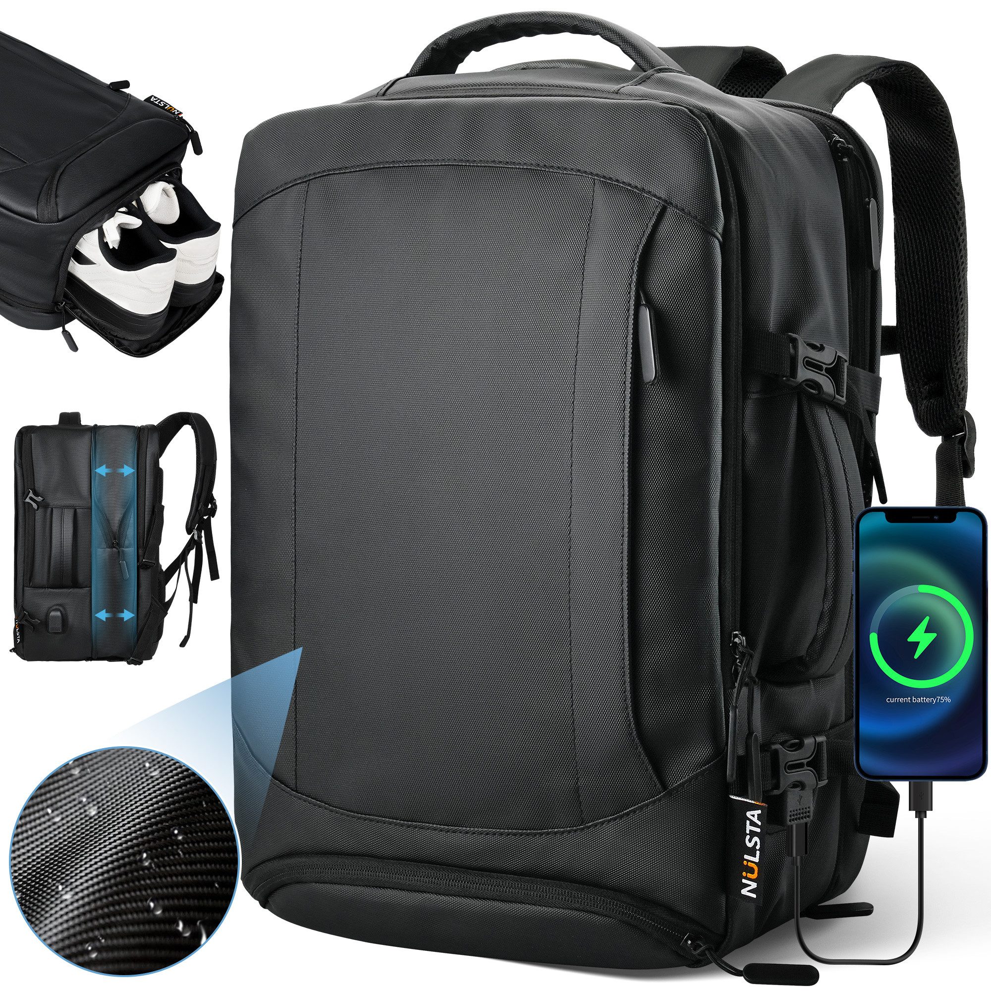 NULSTA Rucksack Reiserucksack Erweiterbarer 26-39L Herren Damen Handgepäck Flugzeug (Laptop Notebook Tasche Schule Uni Rucksack, Sportrucksack, Backpack mit Laptopfach Freizeit Arbeit Business Reisen), Laptop Rucksack spritzwassergeschütztes für Weekender