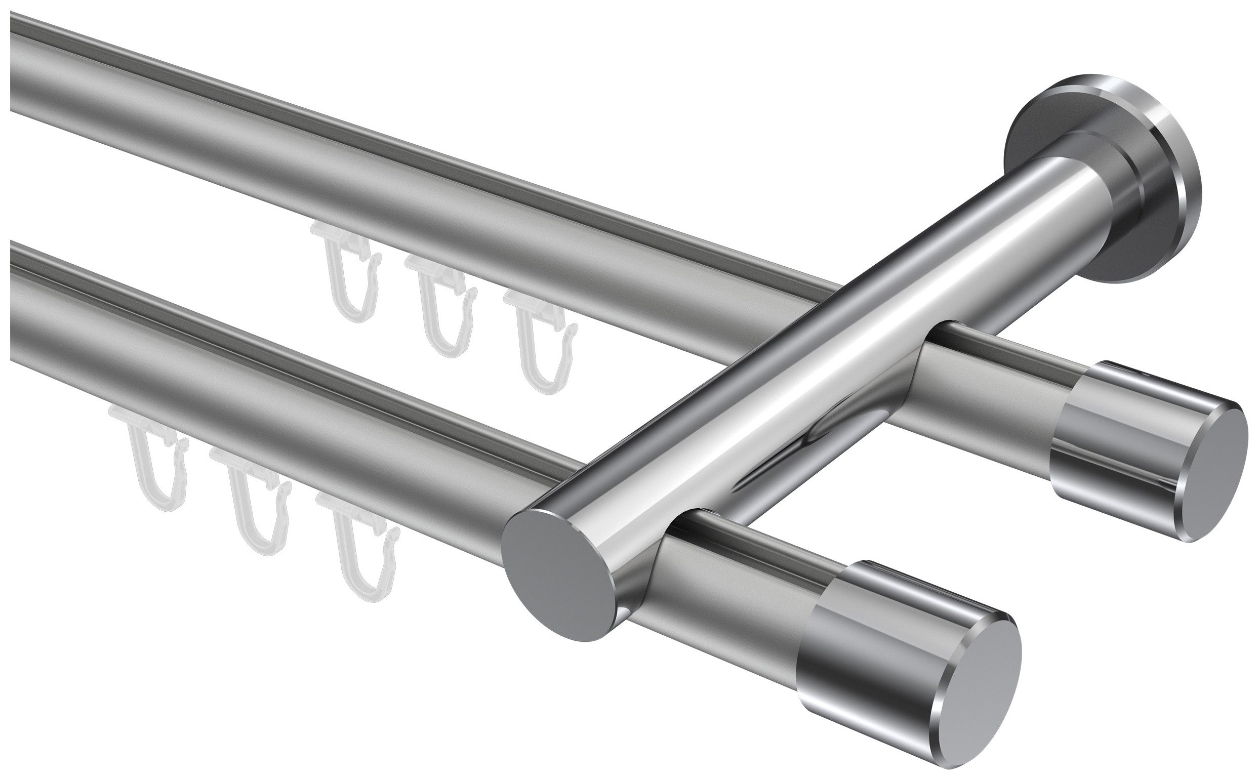 INTERDECO Gardinenstange Platon Santo, Ø 20 mm, 2-läufig, Fixmaß, kürzbar, Wandmontage, Aluminium, Silbergrau / Chrom / Bicolor