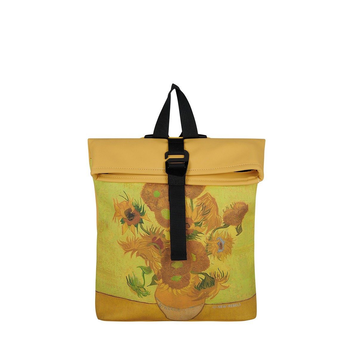 NEW REBELS Cityrucksack kleiner Roll Up RollTop Kurier Rucksack Los Angeles Sunflowers, wunderschönes Sonnenblumen Motiv, wasserabweisend