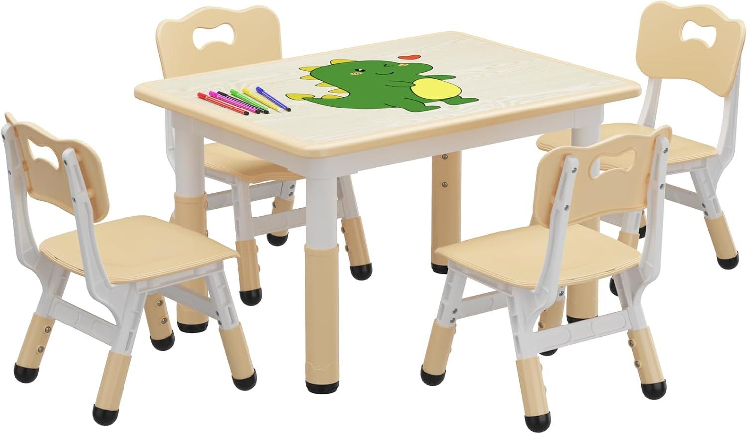 GarveeMore Kindersitzgruppe mit 4 Stühlen und Graffiti-Schreibtisch,höhenverstellbares, 5-tlg Kindertisch,für Kleinkinder Zum Zeichnen,Lesen,Kunsthandwerk