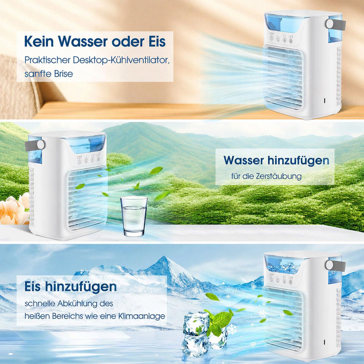 MOPUEA Ventilatorkombigerät Luftkühler Ventilator, 4-in-1-Kühlgebläse mit Sprühnebel, tragbar, Mini Klimaanlage 3 Stufen Timer 2–6h, LED-Licht, 7W, 700 ml Wassertank