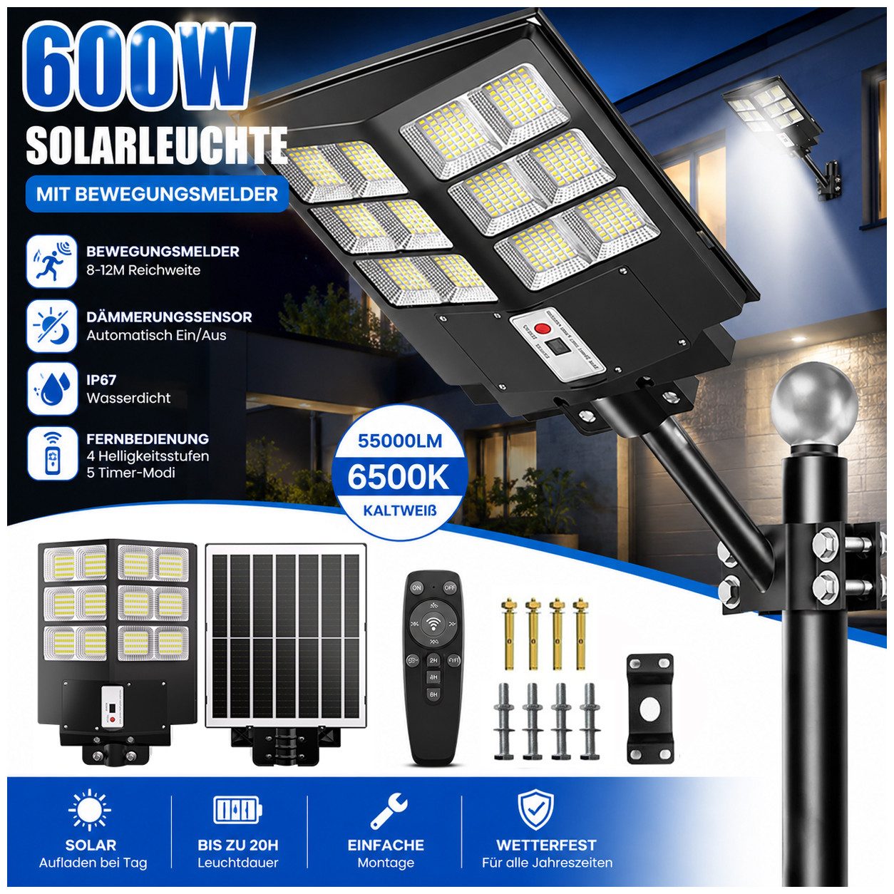 Rhein Beleuchtung LED Solarleuchte Solarleuchte Außen mit Bewegungsmelder 600W LED Straßenlampe, Mit Dämmerungssensor Timerfunktion, LED fest integriert, Kaltweiß, IP67 wasserdicht, Fernbedienung, Dämmerungssensor, Solarstrahler
