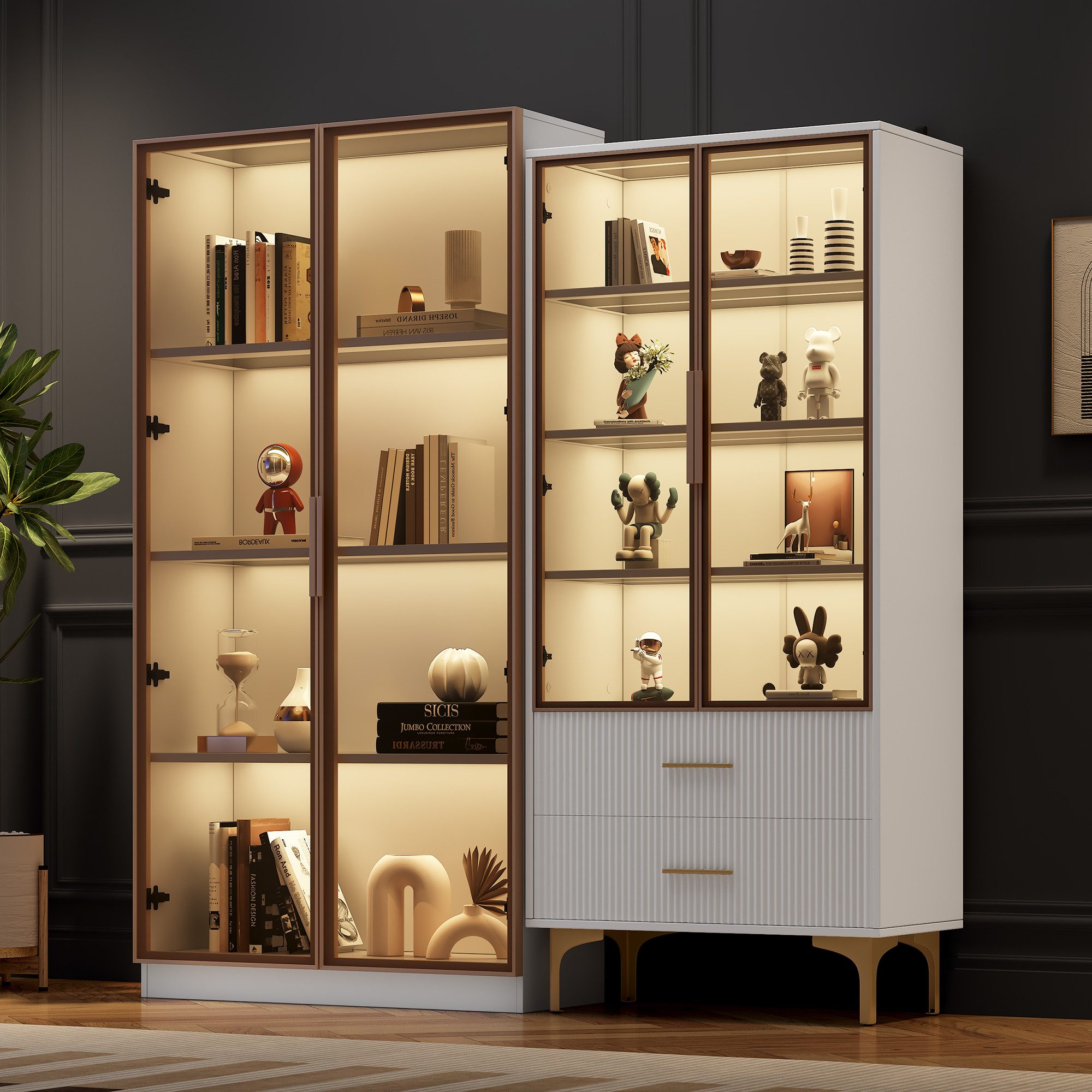 STILVORA Hochschrank mit LED-Licht,2er-Set Hochschrank Standvitrine mit Glastüren&Schublade (2-St., 70*35*150cm/80*40*160cm) mit LED-Beleuchtung und verstellbaren Einlegeböden