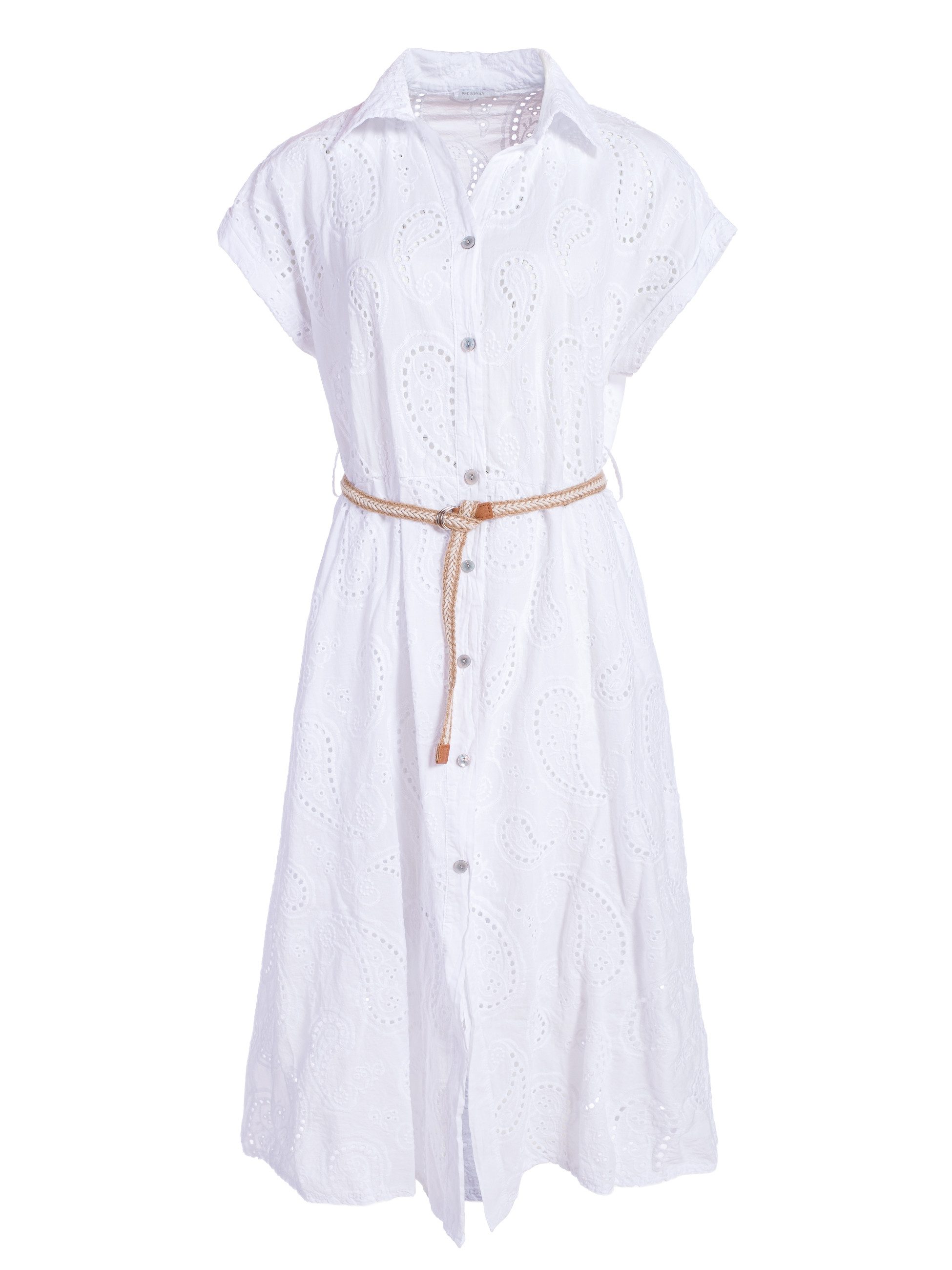 PEKIVESSA Sommerkleid Hemdblusenkleid mit Lochstickerei und Gürtel in Midilänge