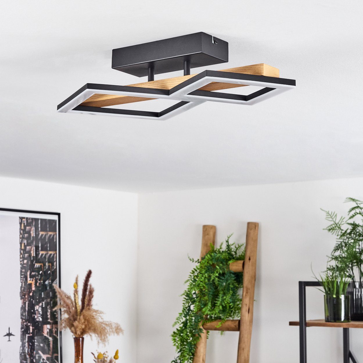 hofstein Deckenleuchte »Stoccareddo« Deckenlampe, Metall/Holz/Kunststoff, Schwarz/Natur/Weiß, 3000 Kelvin, Leuchte mit Balken aus Echtholz, 1150 Lumen, 1xLED 19 Watt