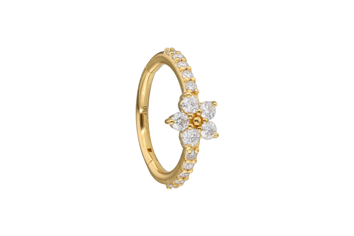 PIERCINGLINE Nasenpiercing 18 Karat Gold Segmentring Clicker MOISSANIT-BLUME + EINGEFASSTE (Clicker, 1-tlg), Ohrpiercing für Conch, Helix, Tragus, Daith, Lobe