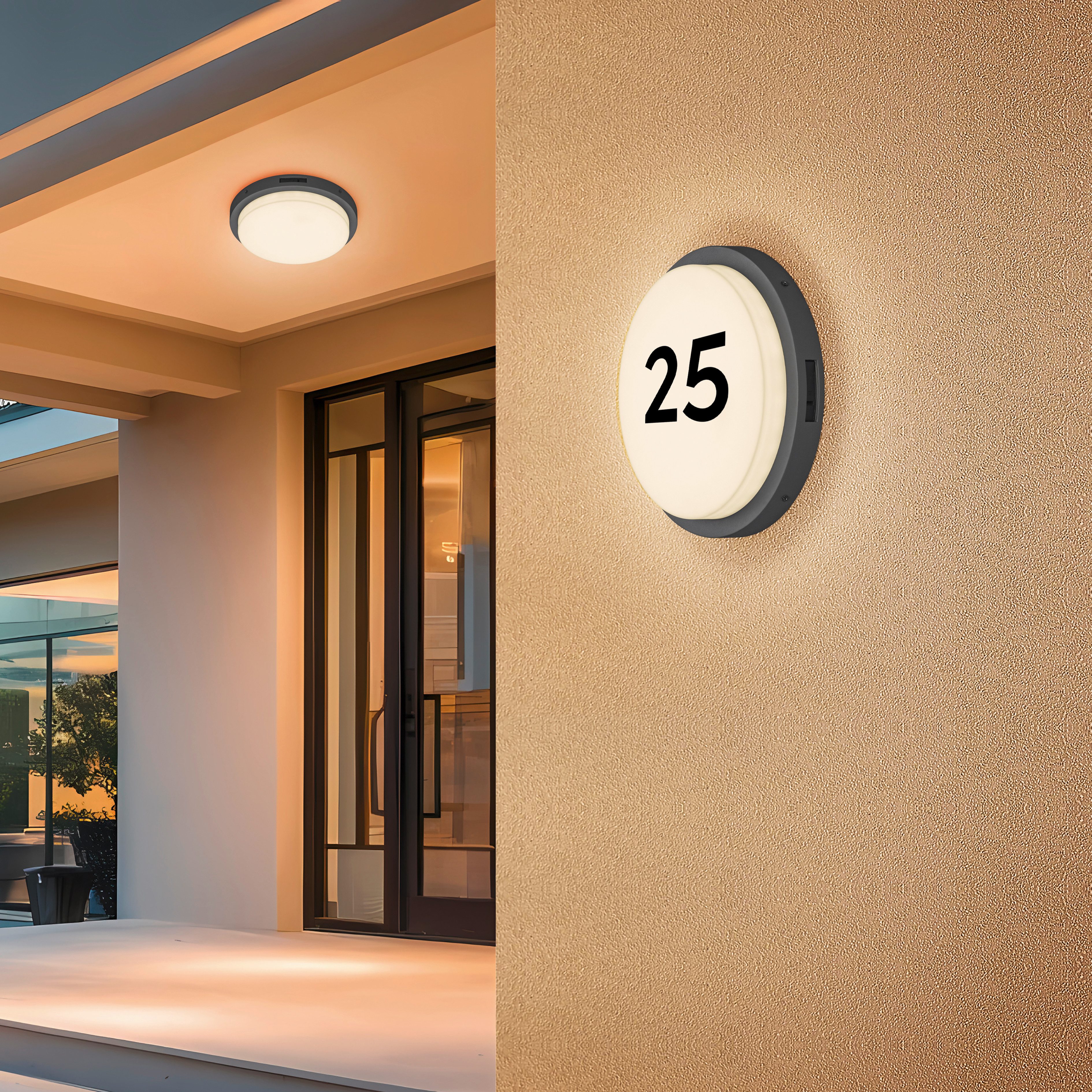 TRIO Leuchten LED Außen-Wandleuchte BERMEJO, Hausnummer Leuchte mit Bewegungsmelder IP54 Fassadenleuchte, Bewegungsmelder, Leuchtdauer einstellbar, LED fest integriert, Farbwechsler, warmweiß - kaltweiß, CCT Lichtfarbe einstellbar 2300-4000K, 1450 Lumen 14W Ø 30cm