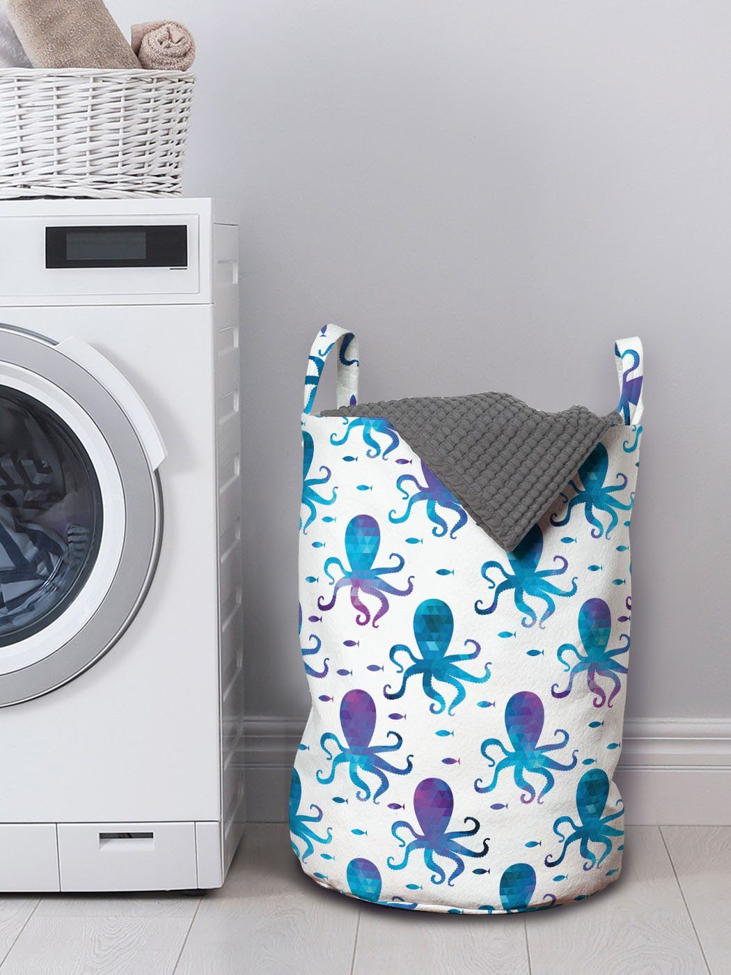 Abakuhaus Animal mit Wäschekorb für Waschsalons, Polygonal Griffen Tintenfisch Kordelzugverschluss Wäschesäckchen Design