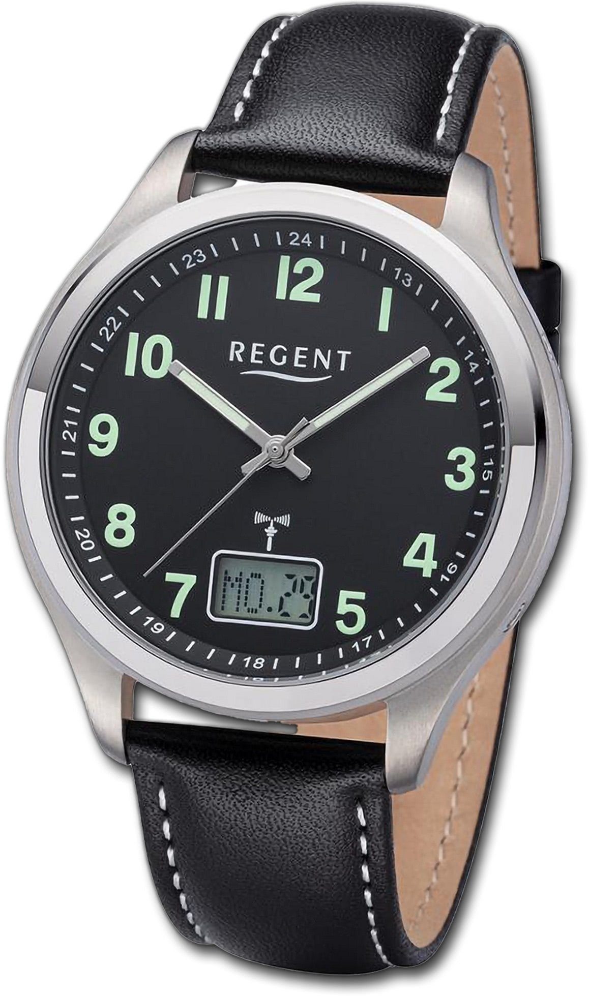 Lederarmband Regent 42mm) Herren Analog-Digital, schwarz, Funkuhr Funkuhr weiß, Herrenuhr rundes (ca. Gehäuse, groß Regent