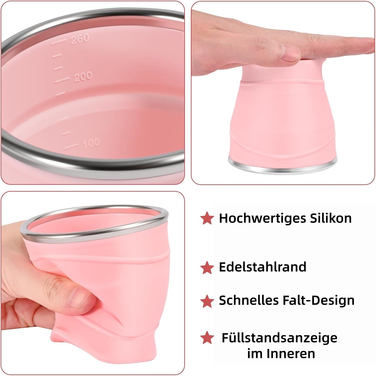 FOUORTUNATE-BEE Thermobecher Faltbarer Silikonbecher 260 ml – mit Deckel, wiederverwendbar, Tragbarer Reisebecher für Camping, Picknick, Büro und unterwegs – Bild 5 von 5
