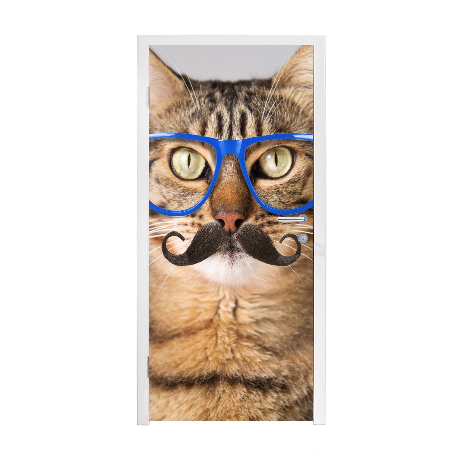 MuchoWow Türtapete Katze - Brille - Schnauzbart - Hipster, Matt, bedruckt, (1 St), Fototapete für Tür, Türaufkleber, 75x205 cm