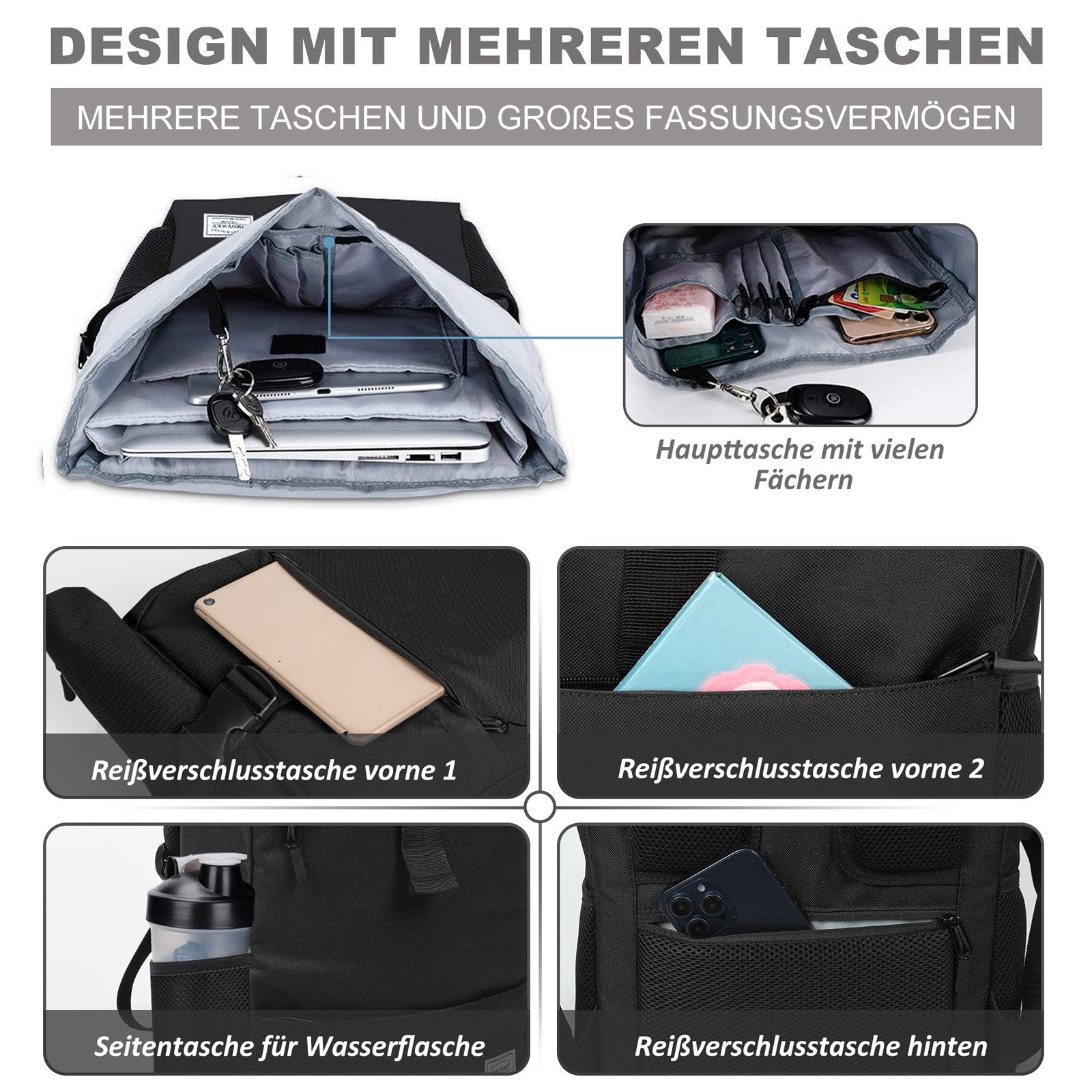 TAN.TOMI Cityrucksack Freizeitrucksack Groß Damen lässiger Rolltop Rucksack Herren Backpack (Arbeitsrucksack viele Fächer mit 15,6" Laptopfach/USB-Anschluss), R – Bild 4 von 5