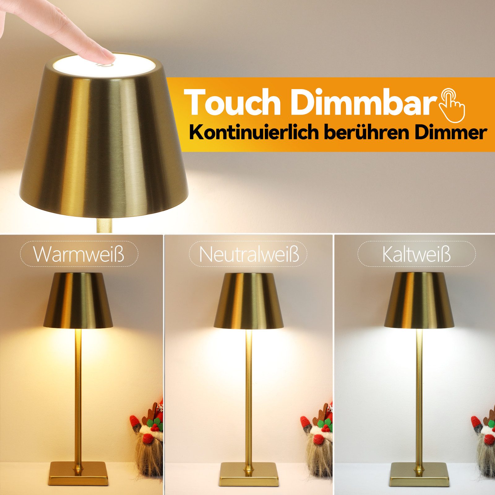ZMH LED Tischleuchte Kabellos 3 Farbtemperatur Gold Vintage Nachttischlampe günstig online kaufen