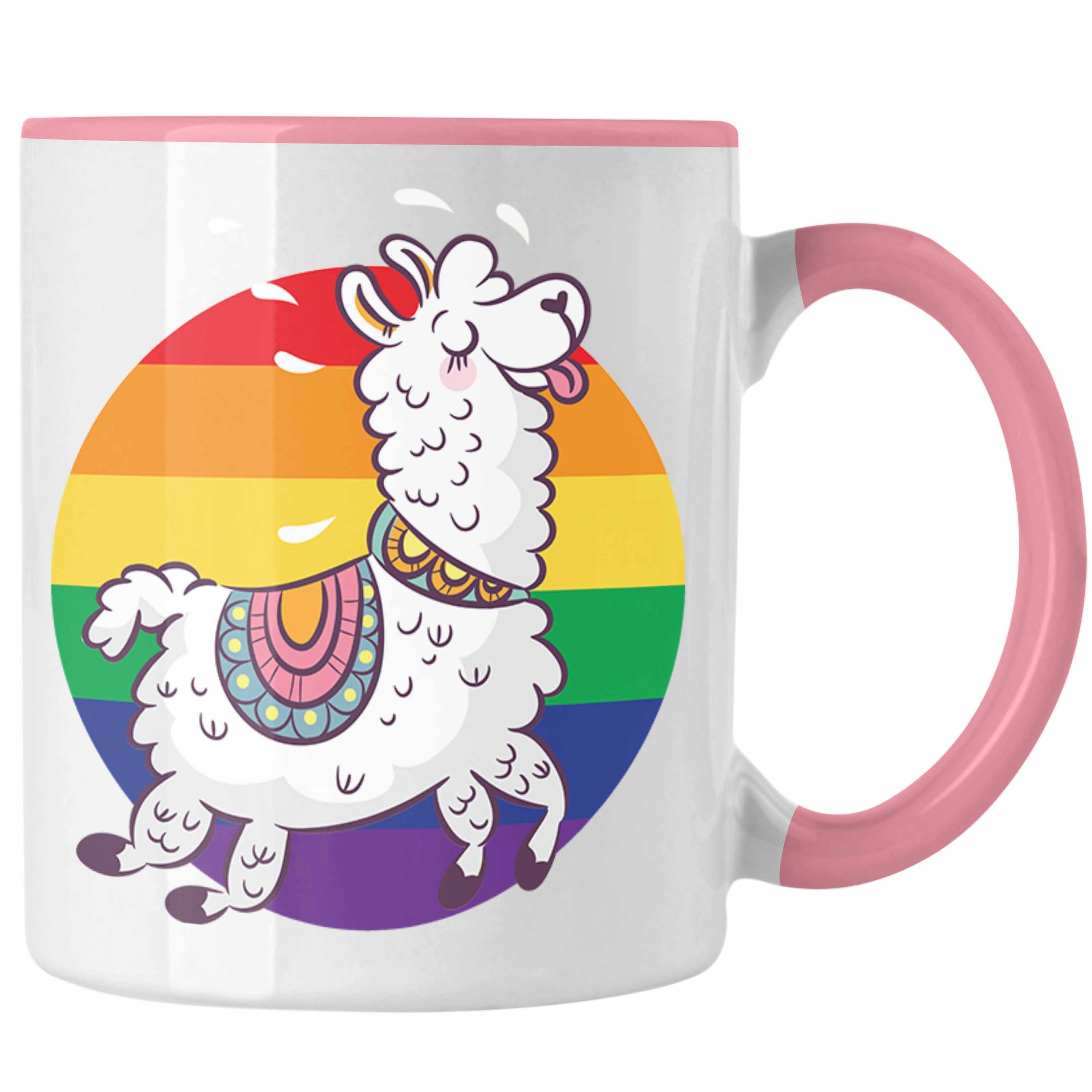 Trendation Tasse Trendation - Regenbogen Tasse Geschenk LGBT Schwule Lesben Transgender Grafik Pride Tolles Llama Rosa
