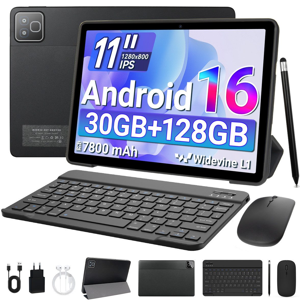 Happybe 11 Zoll Android 16, HD 1280x800, 7800mAh, Wifi 6, 128 GB/256GB Tablet (11", 128 GB, Android, 5 Kerne)