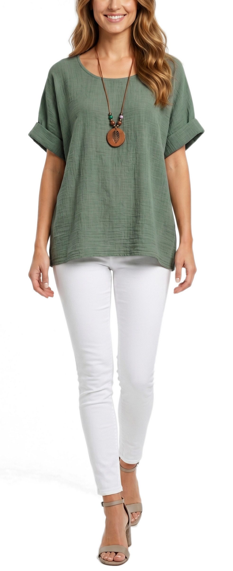 dy_mode Kurzarmbluse Damen Kurzarm Bluse Leichte Sommer Tunika Baumwollbluse Oberteil in Unifarbe, mit passende Kette