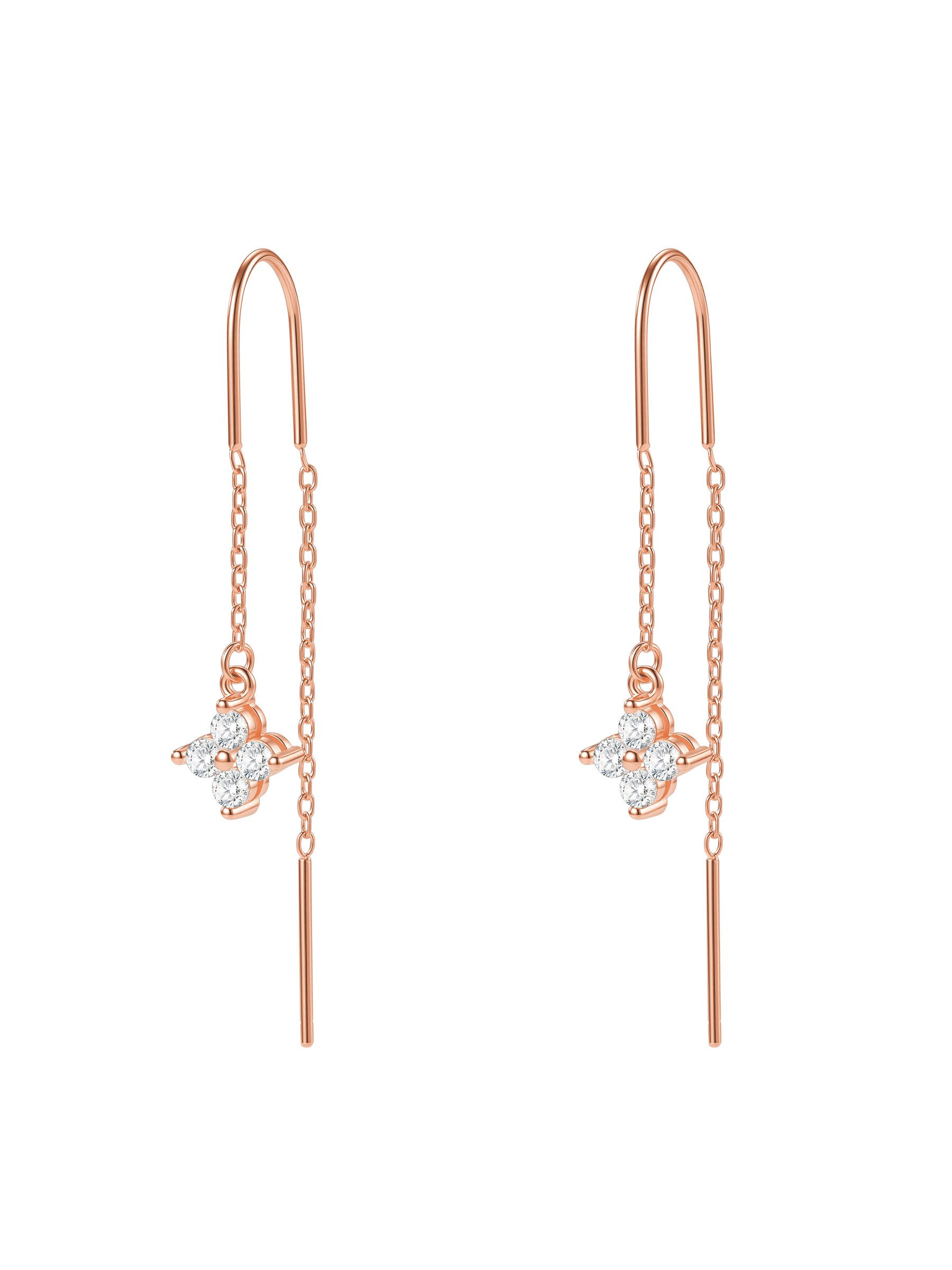 Hey Happiness Paar Ohrstecker 925 Sterling Silber, Durchfädel Ohrringe 18K vergoldet, Threader Earrings mit Zirkonia Blumen-Motiv, lange Kettchen Ohrhänger
