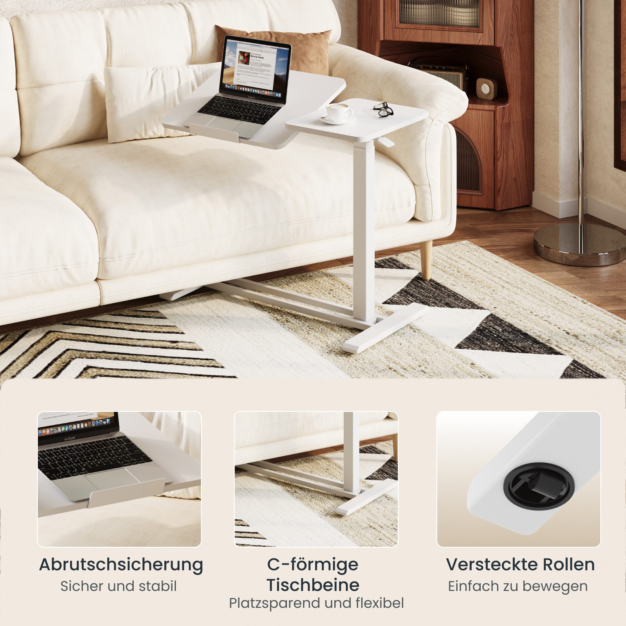 FLEXISPOT Beistelltisch Höhenverstellbar Betttisch, Laptoptisch (C-Form, ideal für Sofa, Bett & Lesestunden, mit stufenloser Höhenverstellung), mit neigbarer Tischplatte, 360° Rollen & einfacher Montage