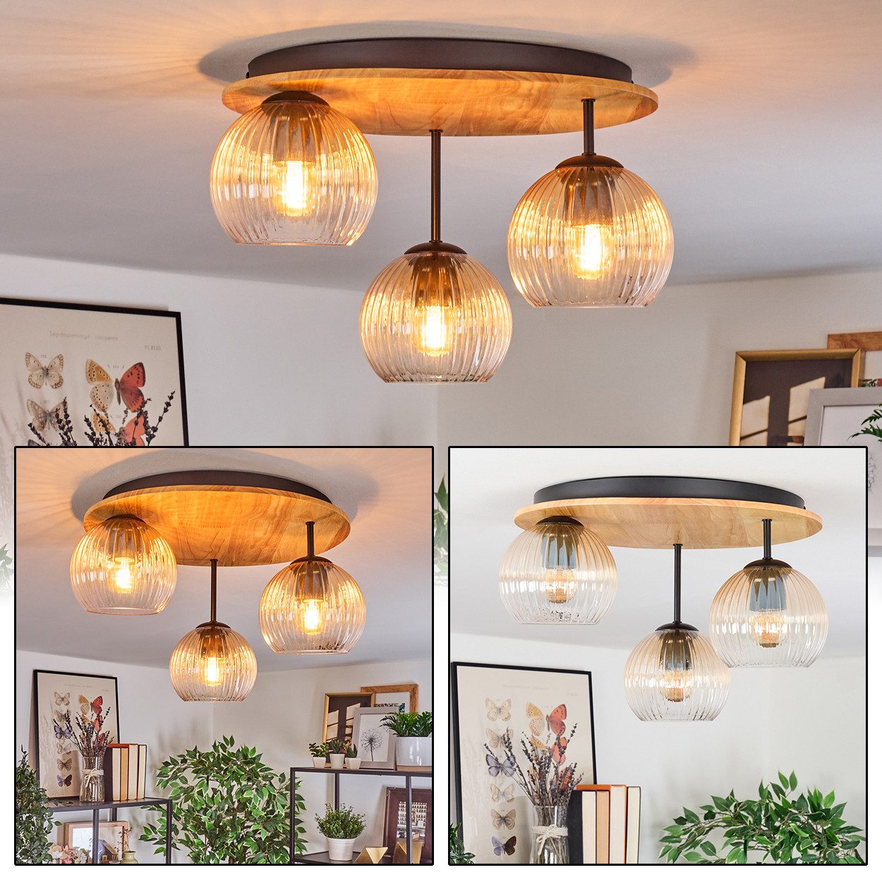 hofstein Deckenleuchte Deckenlampe aus Metall/Holz/Riffelglas in günstig online kaufen