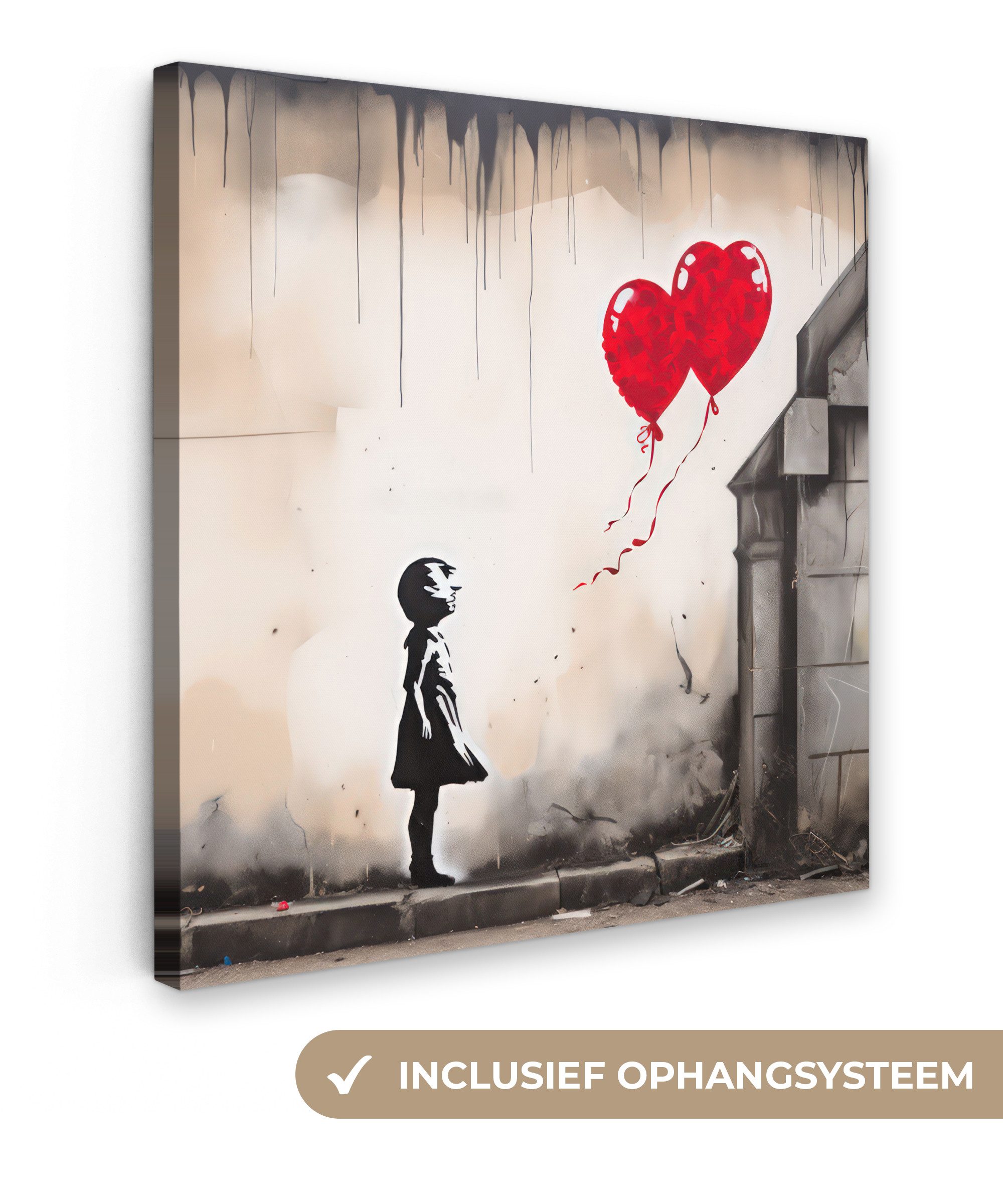 OneMillionCanvasses® Leinwandbild Kunst - Mädchen - Luftballons - Herz - Grau, Fotodruck (1 St), Wandbild, Deko Schlafzimmer Wohnzimmer Flur 20x20 cm