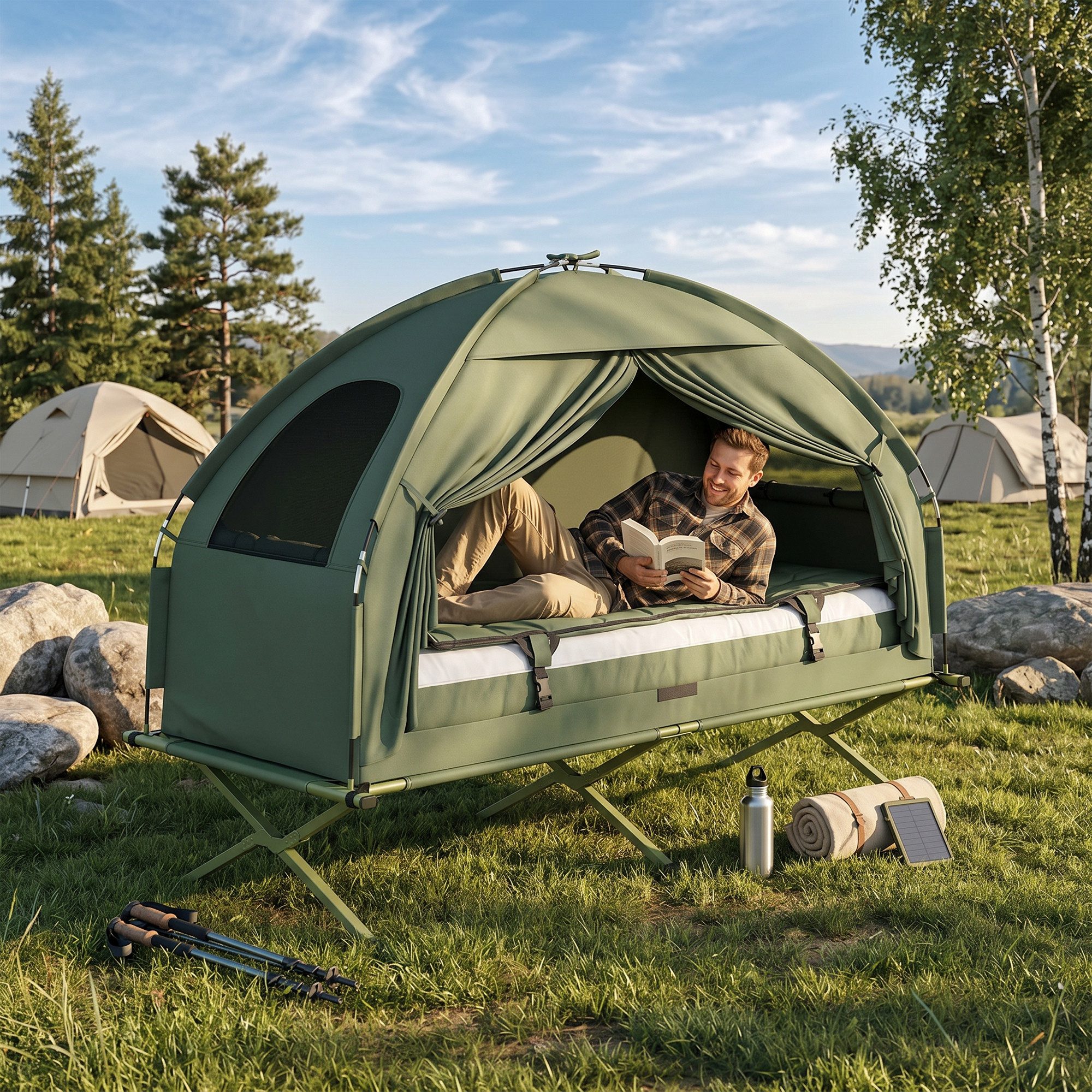Outsunny Faltzelt Campingbett Set Zelt mit Schlafsack, Personen: 1 (Feldbett, 1 tlg., Campingbett), für Garten, Balkon, Dunkelgrün