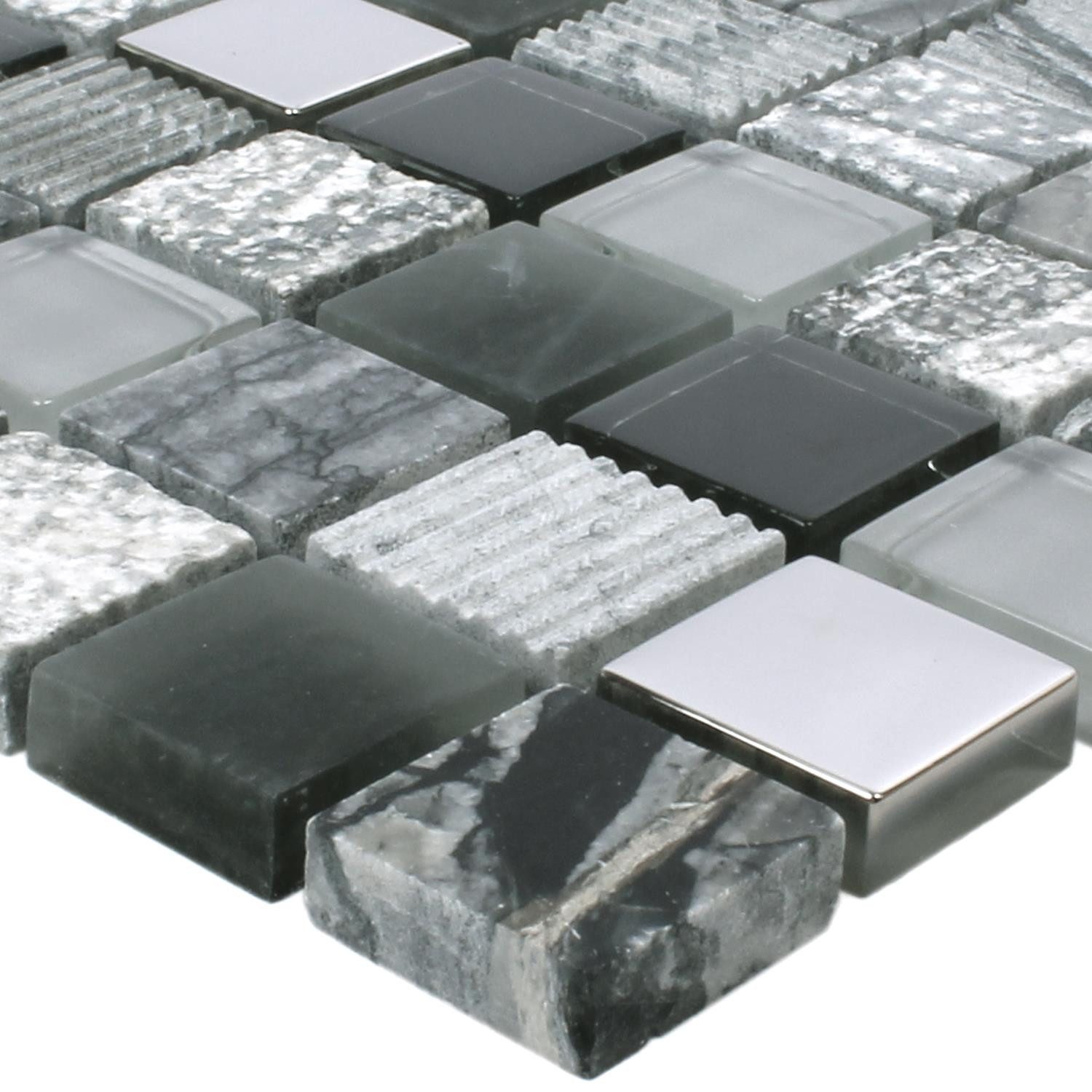 Mosafil Mosaikfliesen Naturstein Glas Mosaikfliesen Venzona Q23, Naturstein-Glas 30.000x30.000, schwarz-grau-silber, Verlegefertig auf ein Netz geklebt