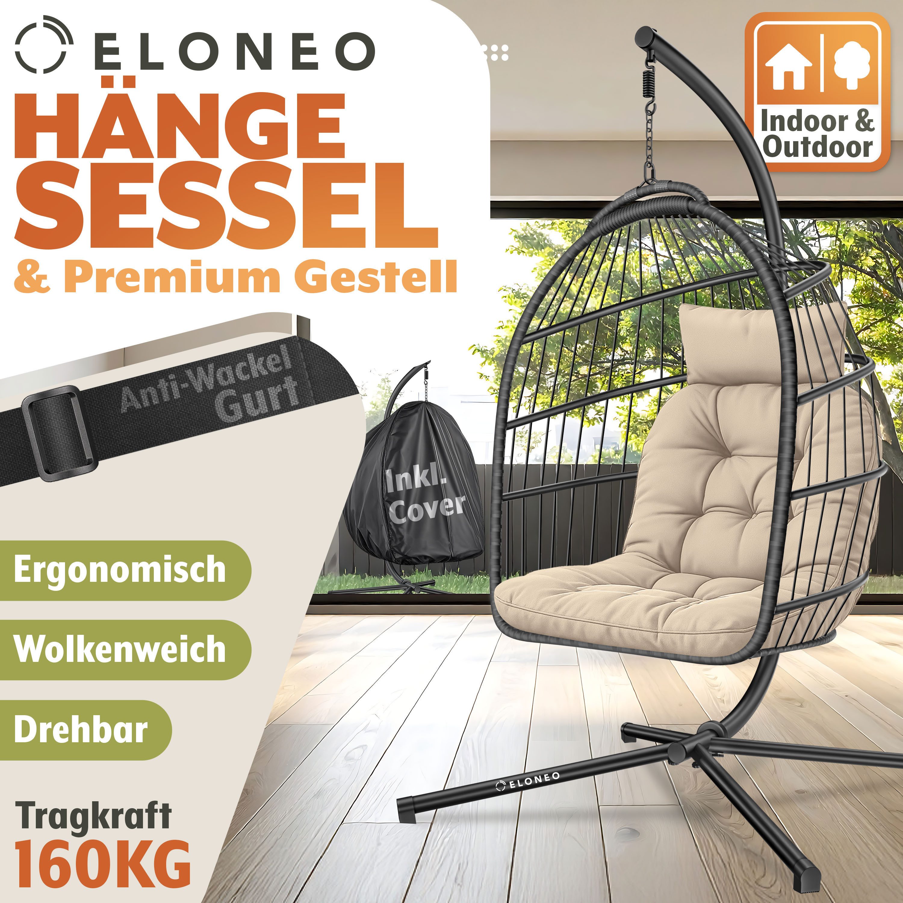 ELONEO Hängesessel, Hängeschaukel mit Gestell - Hängesitz mit Sitz- und Kopfkissen (bestehend aus Schwebesessel und Gestell), faltbar, wetterbeständig, bodenschonend, belastbar bis 160kg