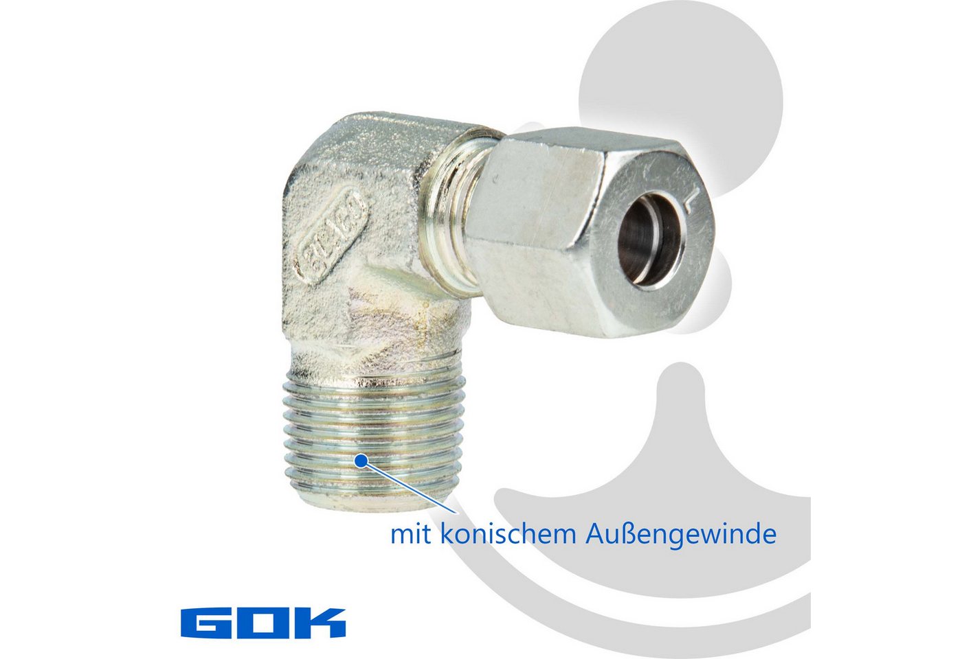 Thumbnail - GOK Wasserrohr Schneidringverschraubung Typ WERK - 90° Winkel, R 1/2 Zoll AG x Ø 8 mm Schneidring Stahl