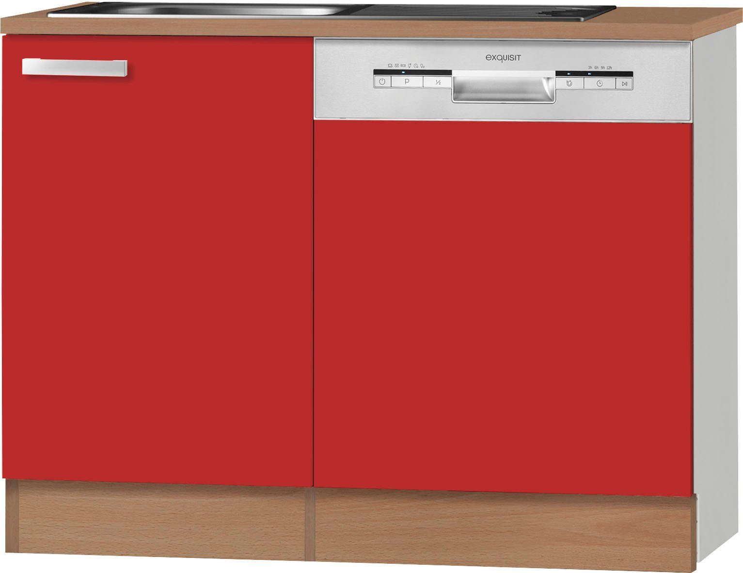 OPTIFIT Spülenschrank Odense Gesamtbreite 110 cm, mit Tür/Sockel für integrierbaren Geschirrspüler rot/buche | buchefarben