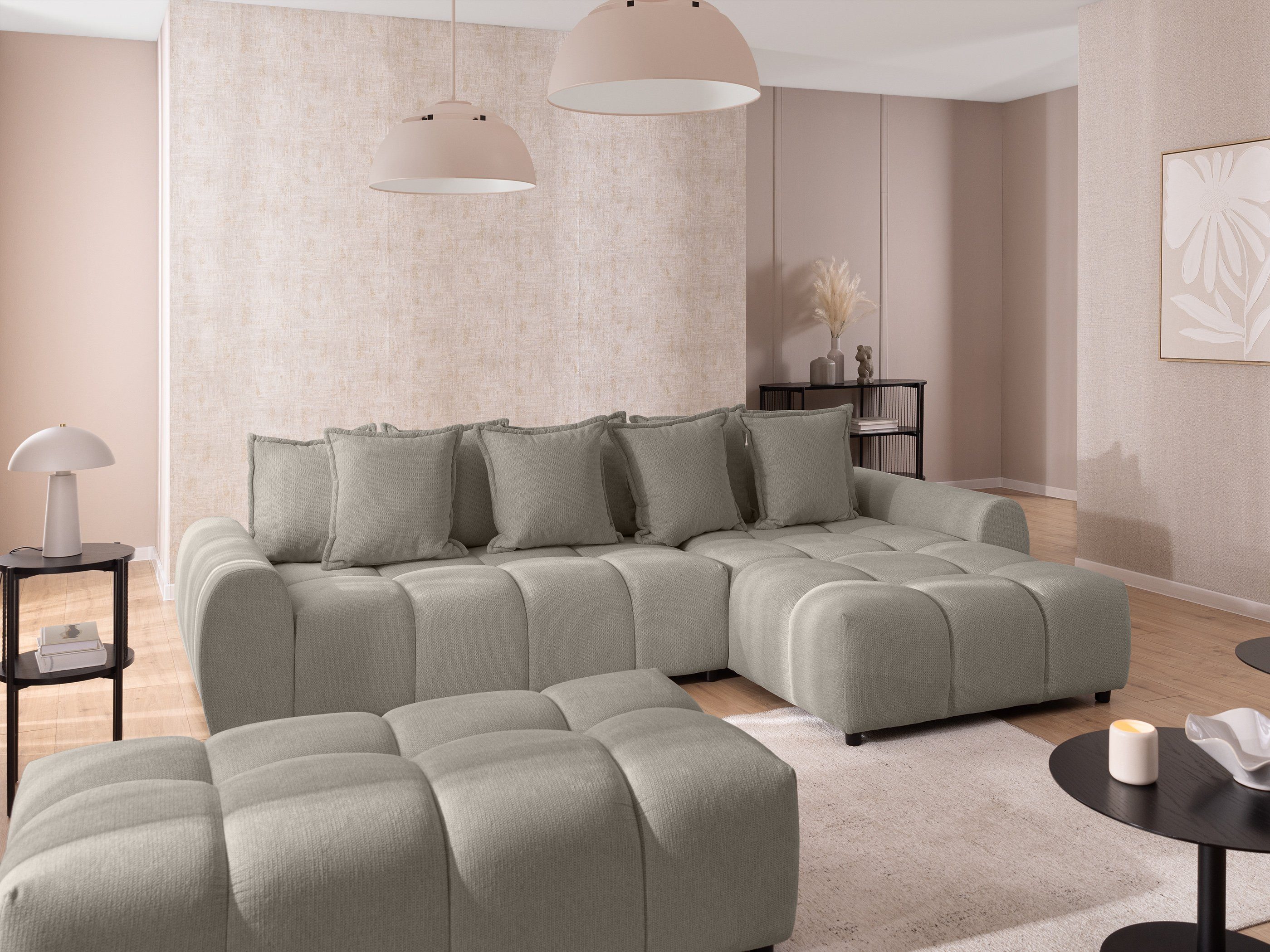 S-Style Möbel Ecksofa Bubble mit Schlaffunktion und Hocker mit losen Rückenkissen, aus Strukturstoff, mit Wellenfederung