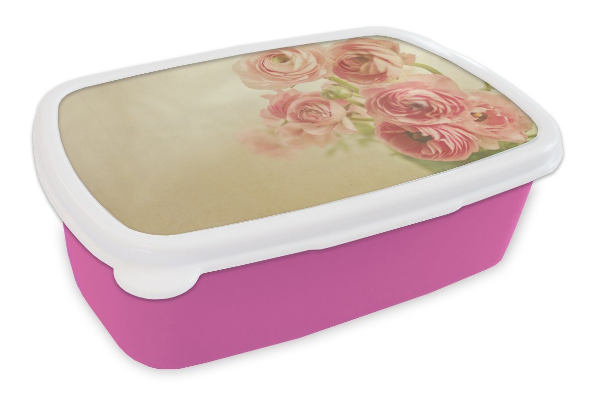 MuchoWow Lunchbox Unscharfes Bild von rosa Butterblumen, Kunststoff, (2-tlg), Brotbox für Erwachsene, Brotdose Kinder, Snackbox, Mädchen, Kunststoff | Lunchboxen
