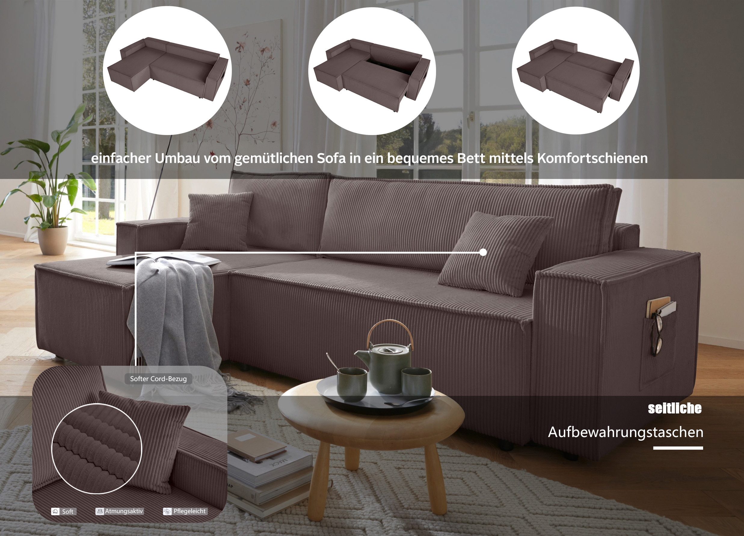 OTTO home Ecksofa CASSI L-Form, 241cm - OTTO. Verlässliche Qualität., Schlaffunktion (133/200), Bettkasten, Cord, Unser Tiefpreis