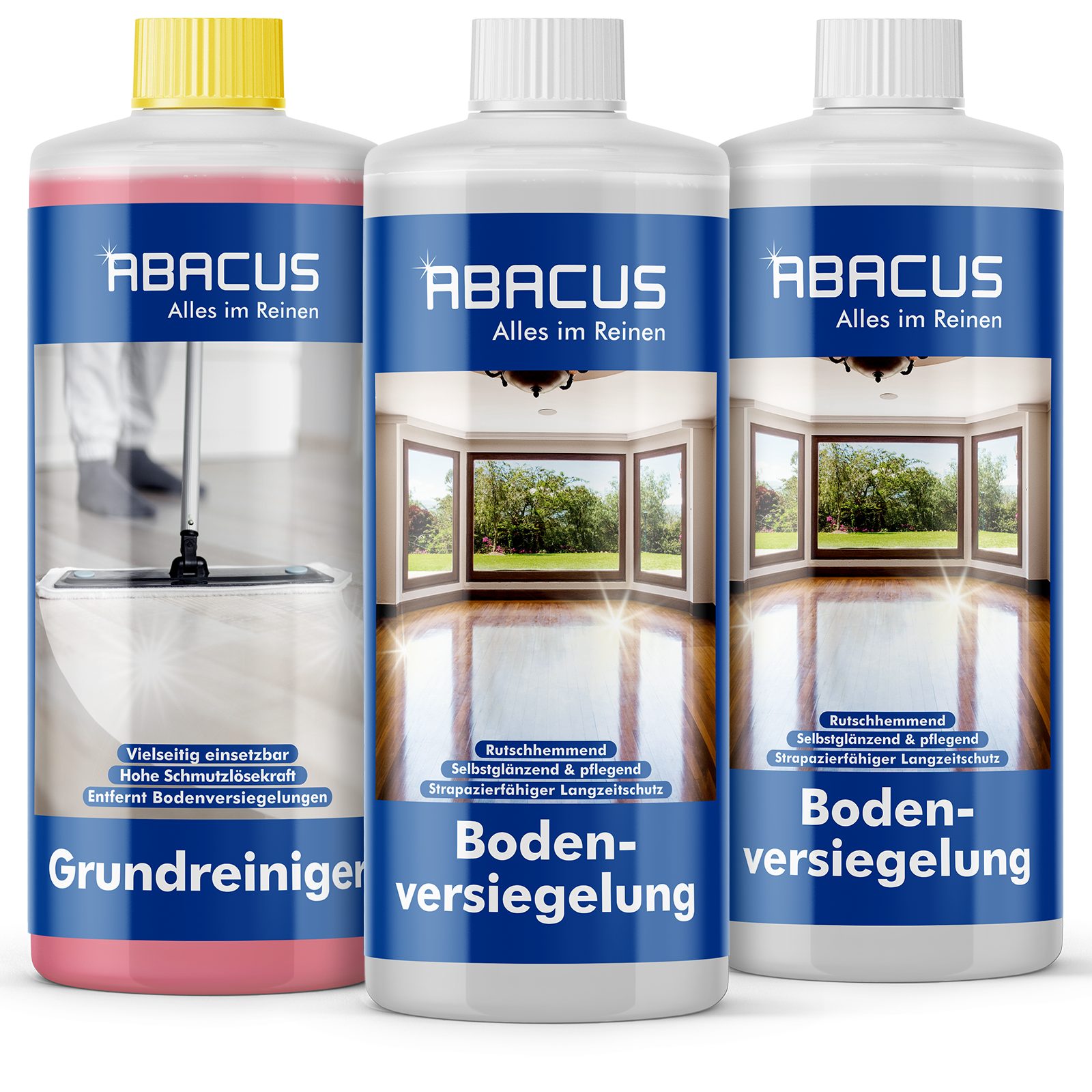 ABACUS Bodenversiegelung & Grundreiniger, Parkettversiegelung Bodenpflegemittel (Langanhaltende Wirkung, 3 St., 2x1000ml Bodenversiegelung 1x1000ml Grundreiniger), Tiefenreinigend mit seidenmattem Glanz