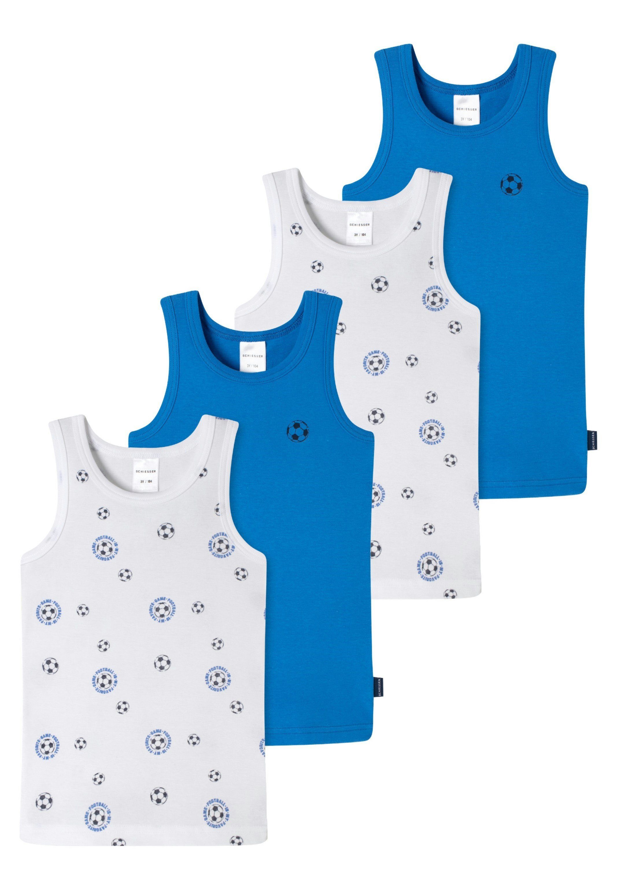 Schiesser Unterhemd 4er Pack - Mit komfortablem Baumwolle Cotton - Weiß / Unterhemd Blau / Boys Rundhalsausschnit 4-St) Feinripp Fußball (Spar-Set, Kids Organic Tanktop